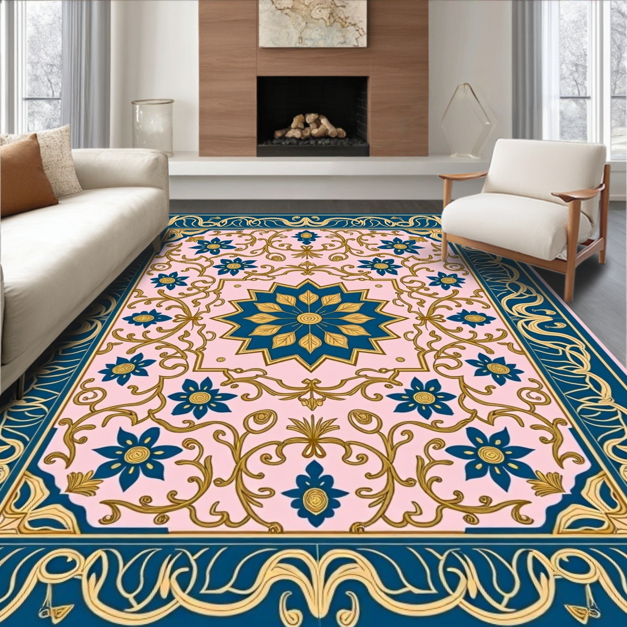 Teal Blue Floral Medallion Pink Rug