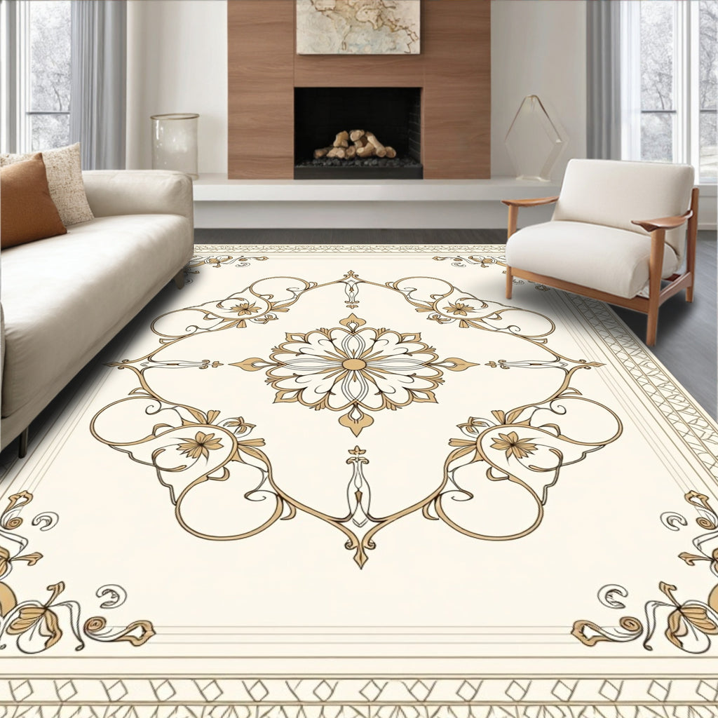 Elegant Golden Floral Scroll Pattern Rug