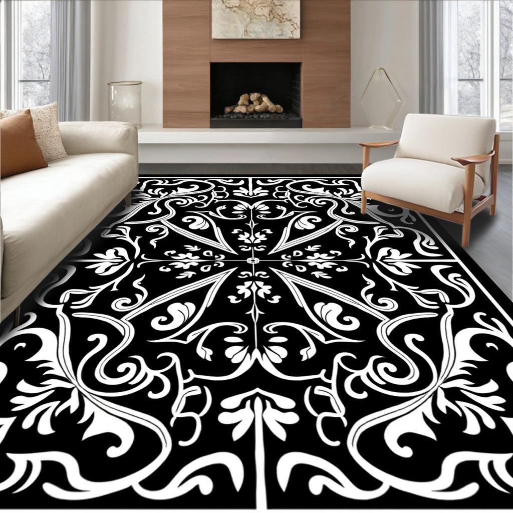 Classic Black White Flourish Pattern Rug