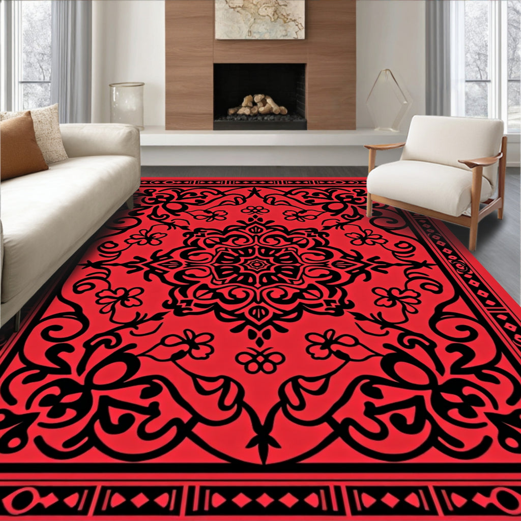 Intricate Red Black Floral Mandala Design Rug