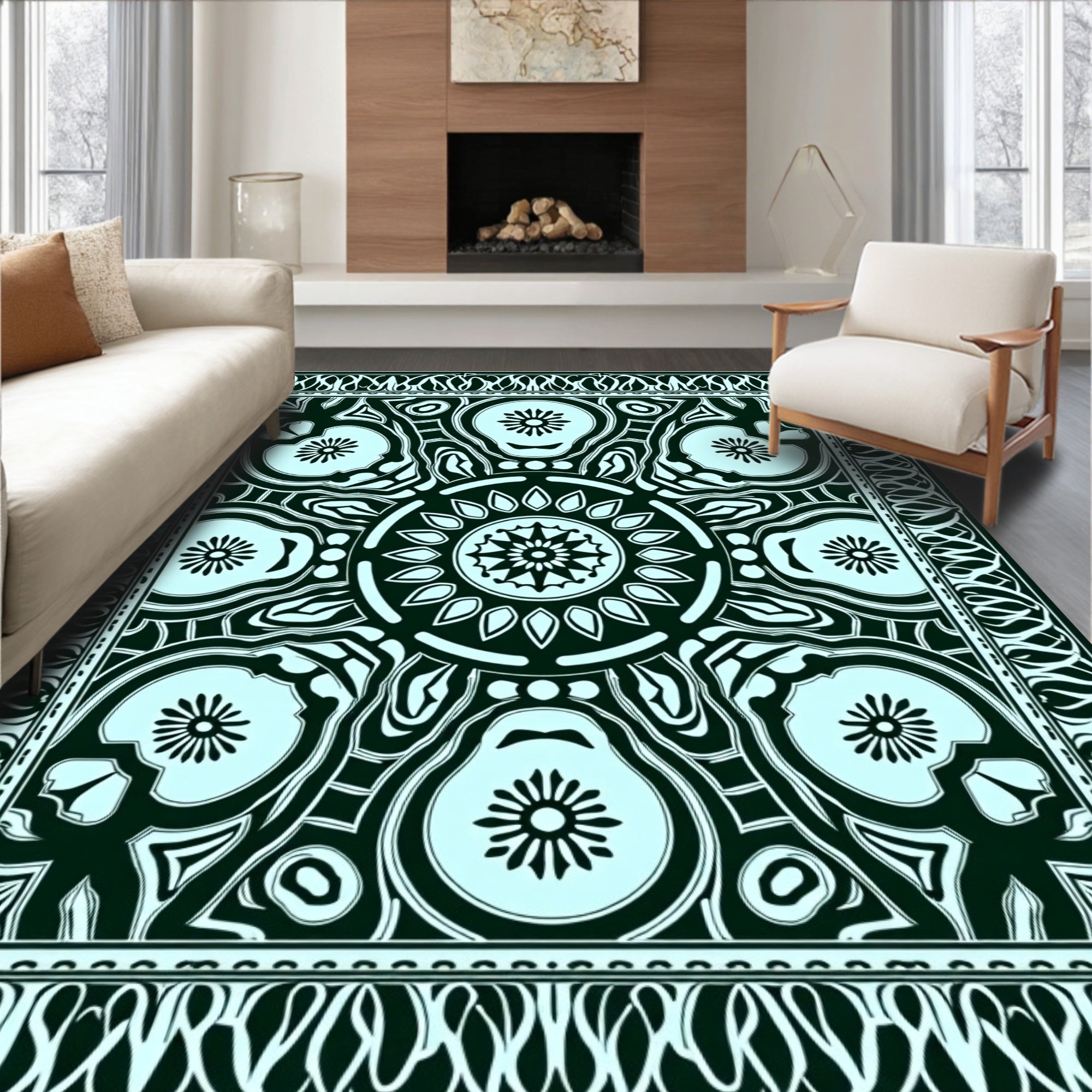 Ornate Dark Floral Mandala Design Rug