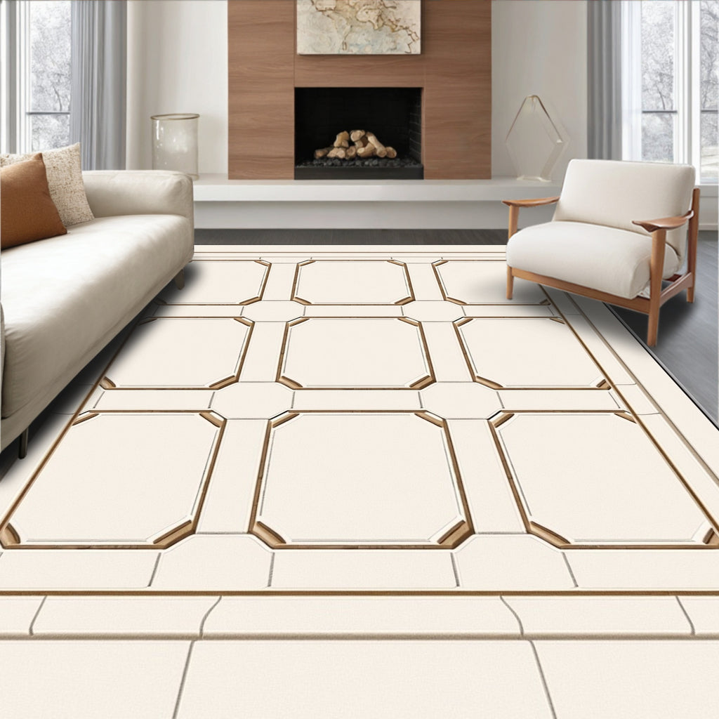 Subtle Gold Cream Grid Pattern Rug