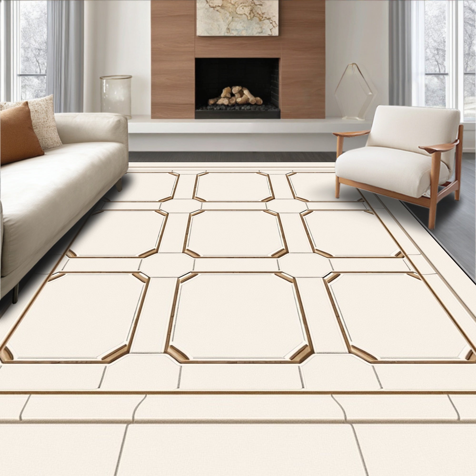 Subtle Gold Cream Grid Pattern Rug