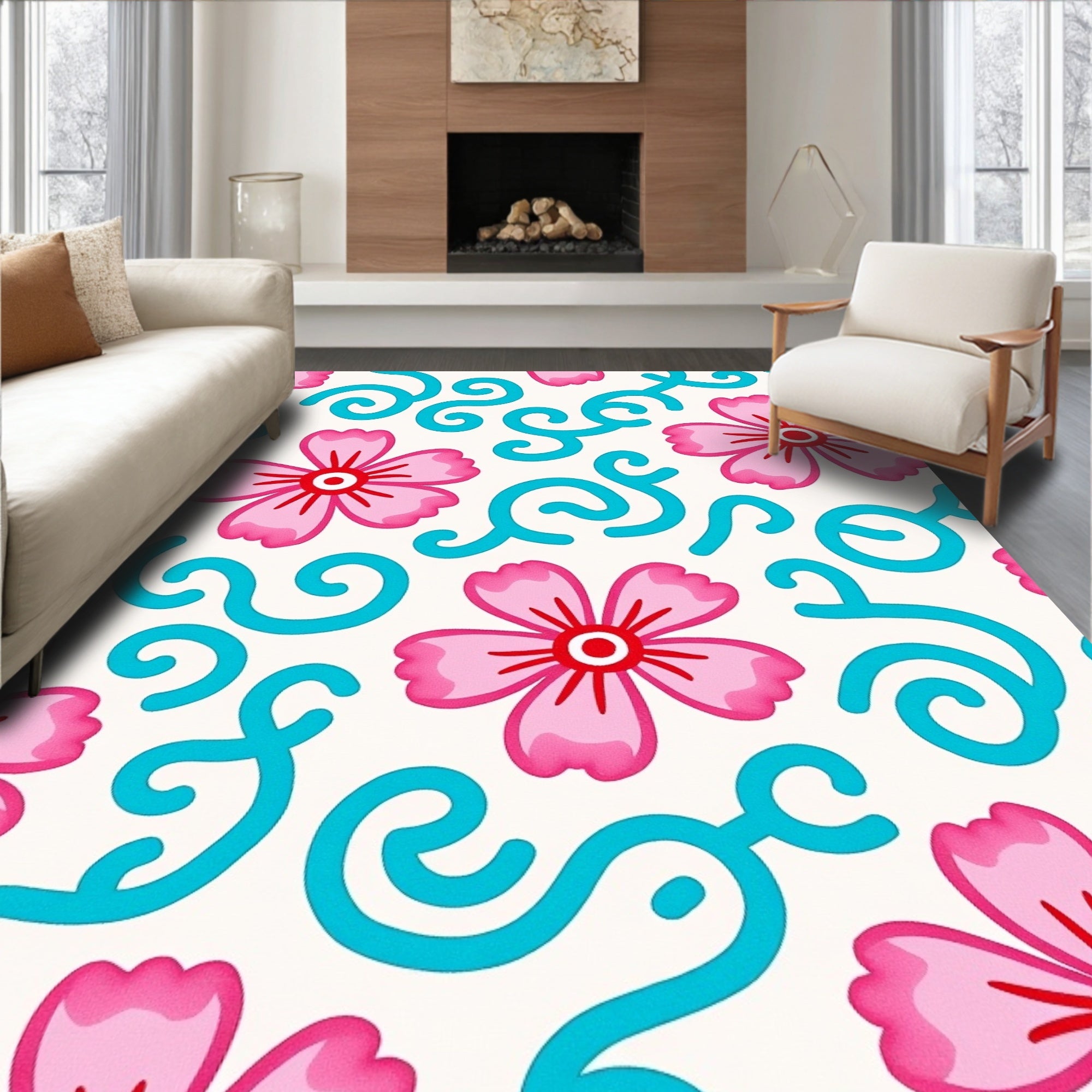 Pink Floral Swirls Pattern Rug
