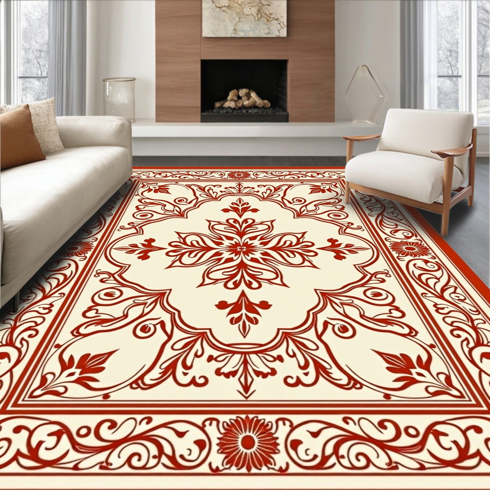 Classic Red Cream Floral Motif Rug