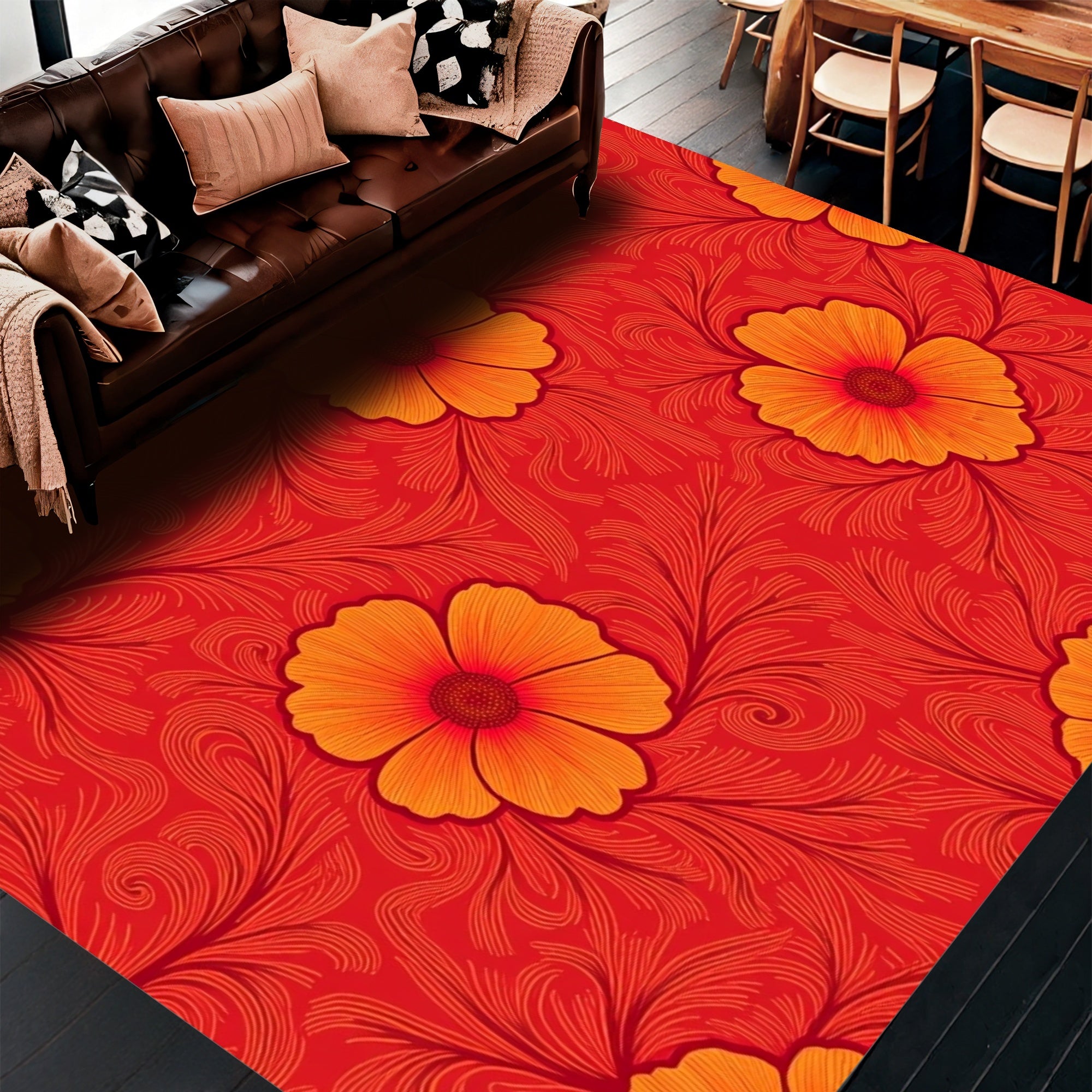 Vibrant Red Abstract Floral Pattern Rug