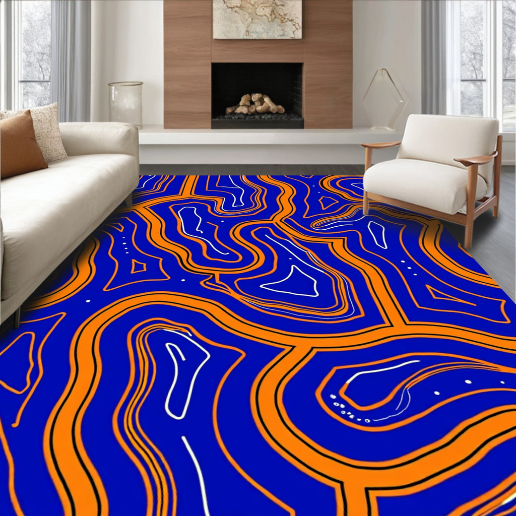 Abstract Blue Orange Contour Pattern Rug