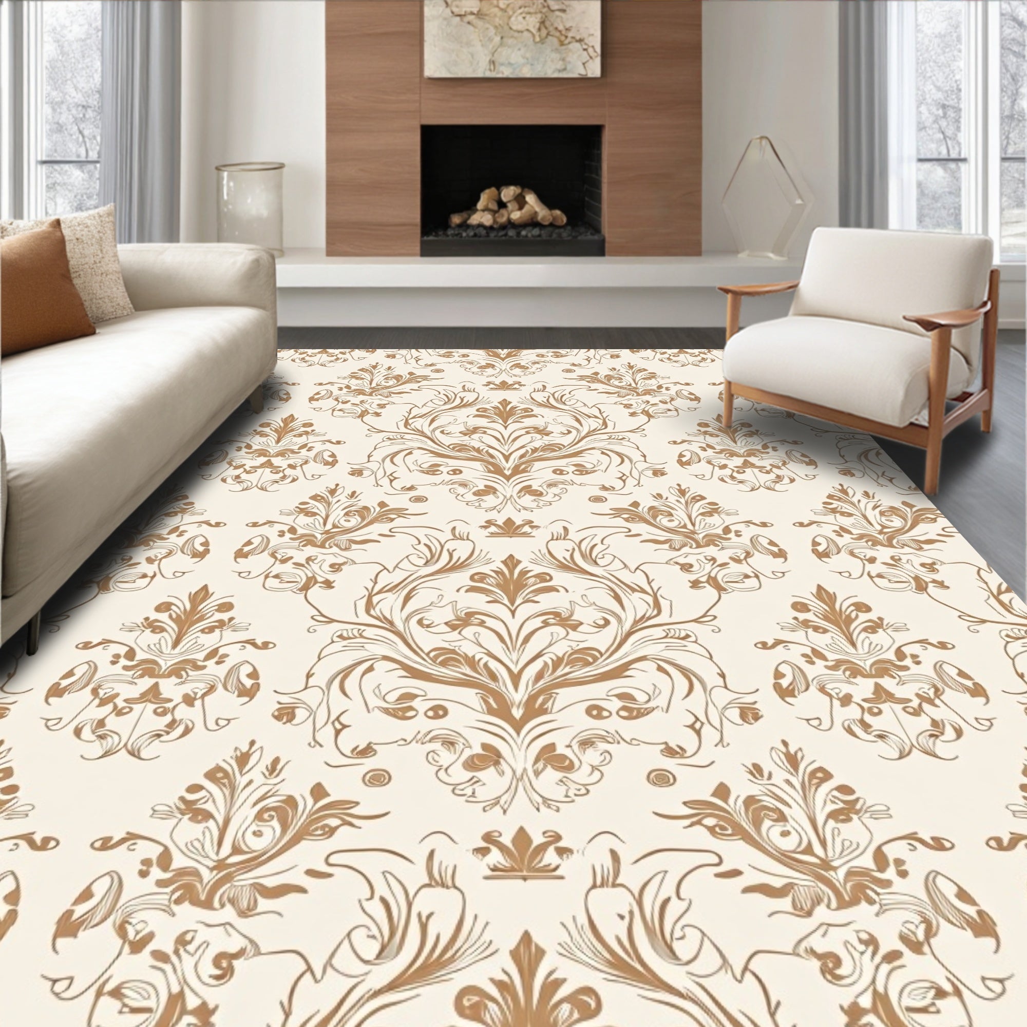 Classic Gold Floral Scroll Pattern Rug