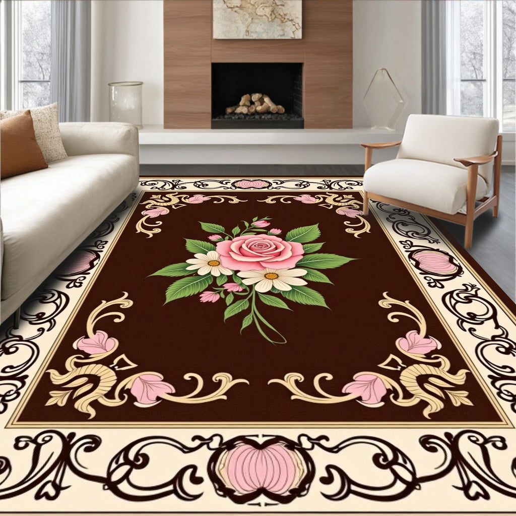 Elegant Floral Bouquet Scroll Border Rug