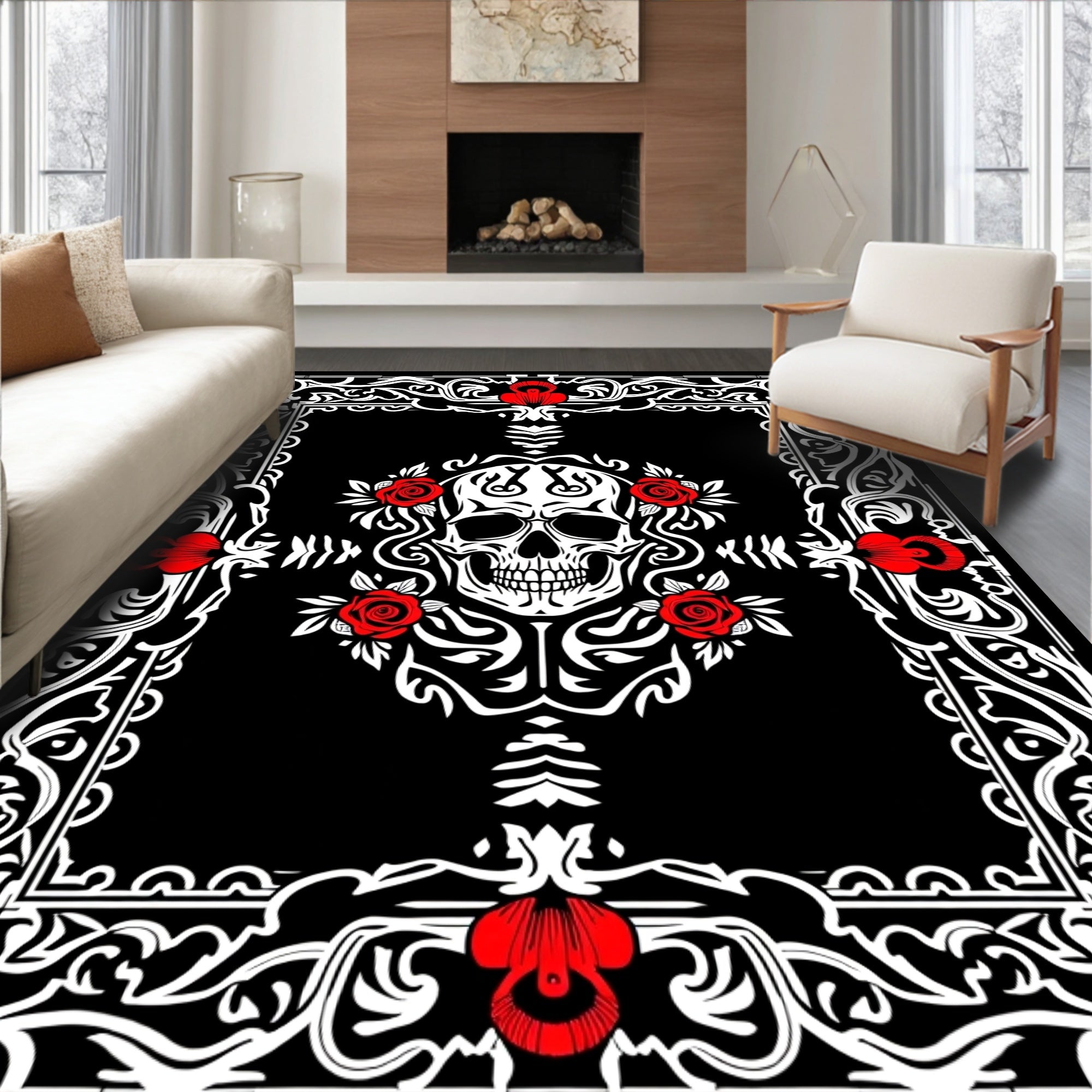 Black White Red Skull Roses Frame Rug