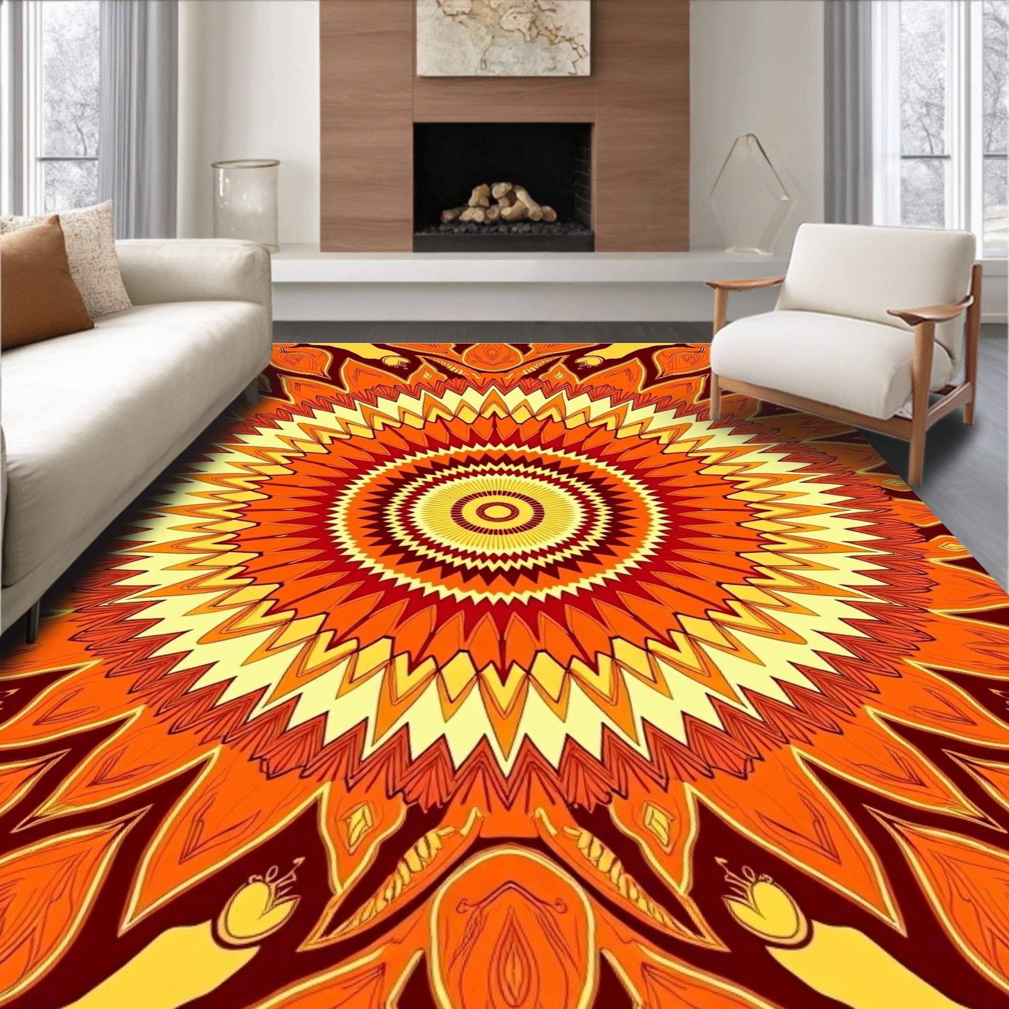 Warm Orange Sunburst Mandala Design Rug