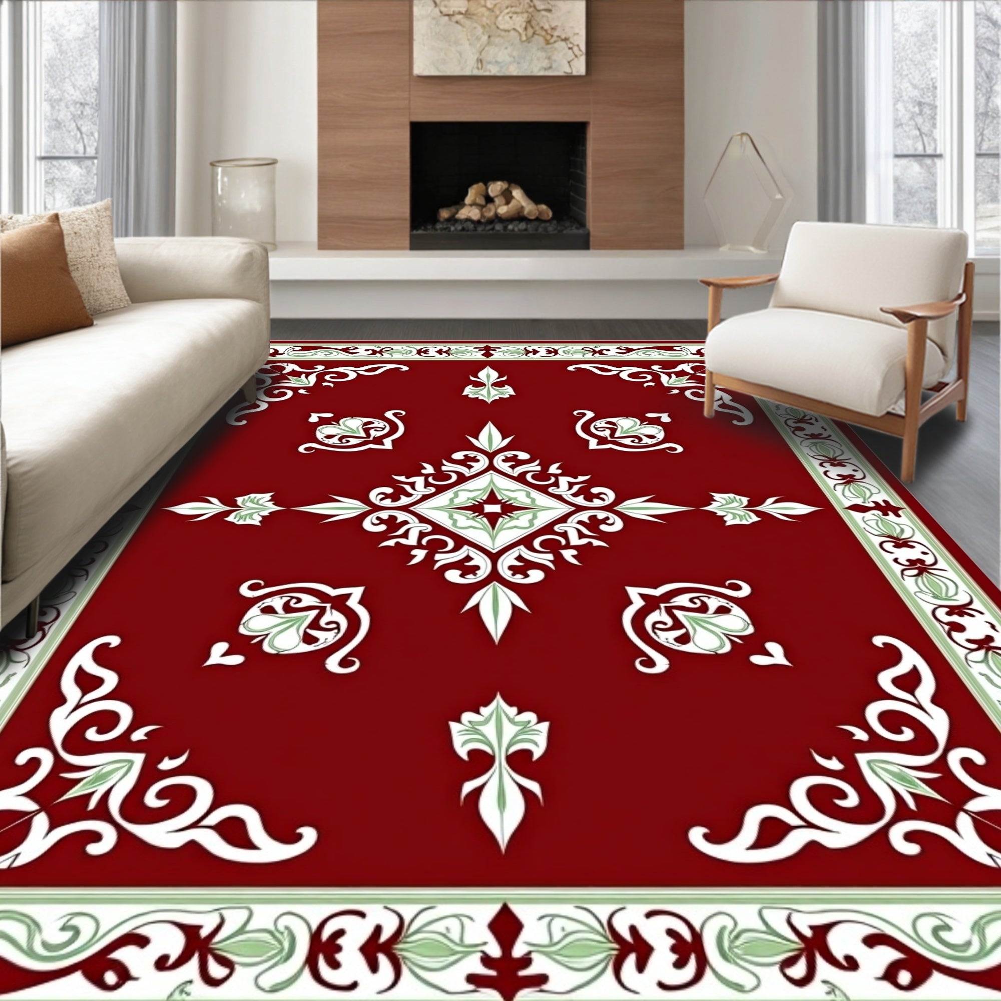Elegant Red Floral Scroll Design Rug