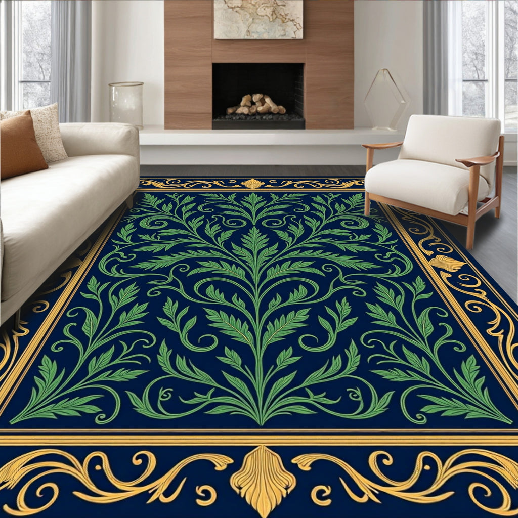Ornate Green Foliage Gold Border Rug