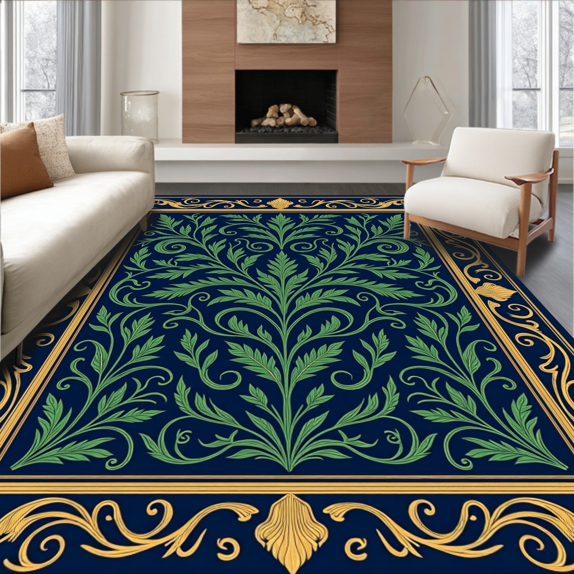 Ornate Green Foliage Gold Border Rug