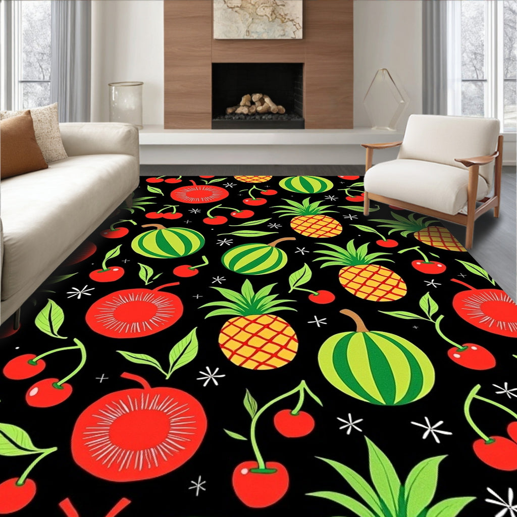 Whimsical Fruit Pattern Black Background Rug