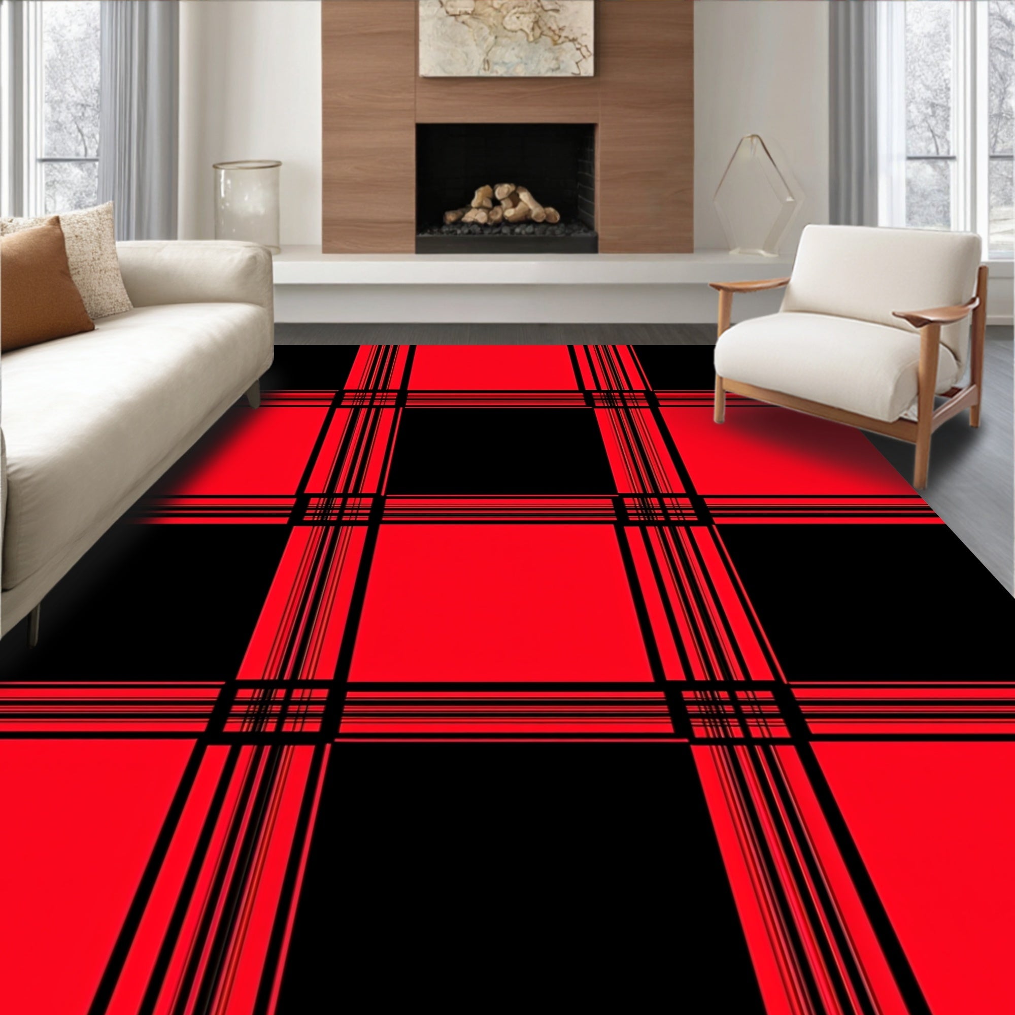 Bold Red Black Plaid Pattern Rug