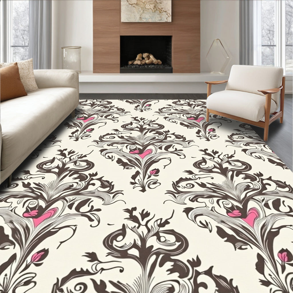 Ornate Dark Floral Damask Design Rug