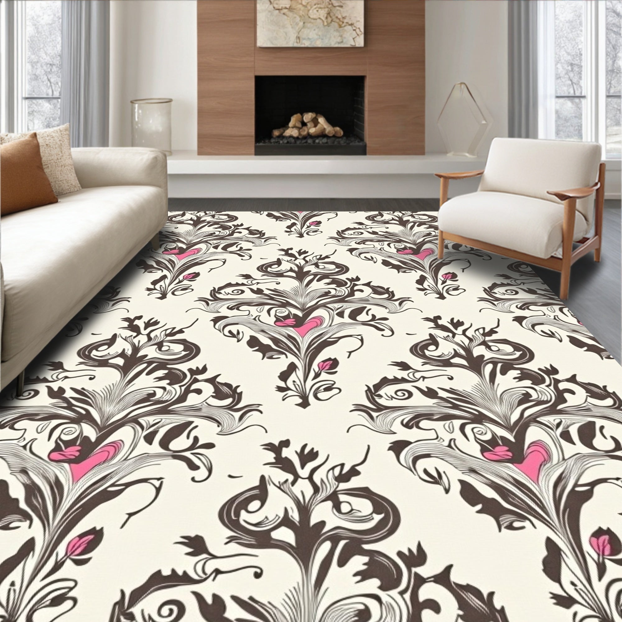 Ornate Dark Floral Damask Design Rug