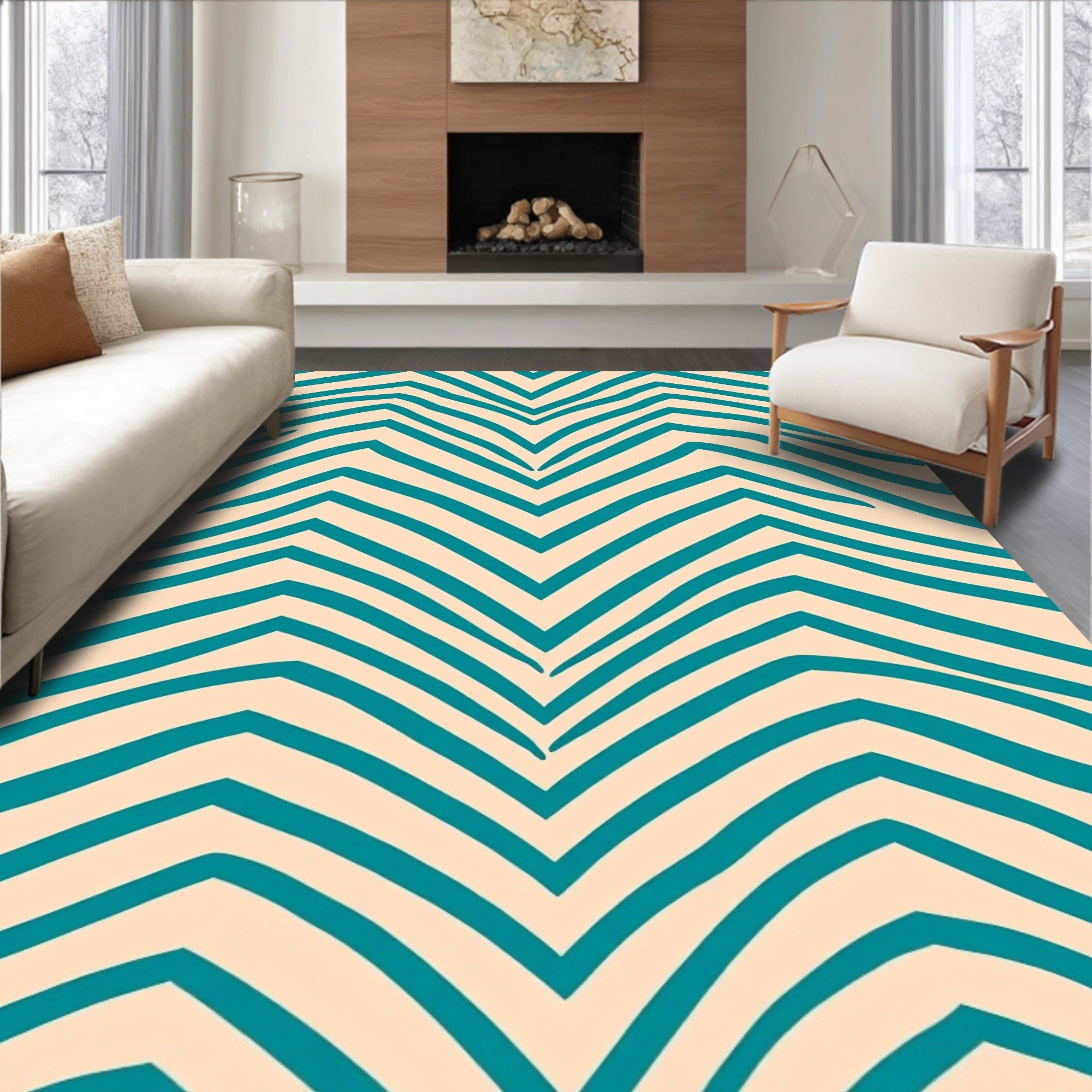 Abstract Teal Stripe Pattern Rug