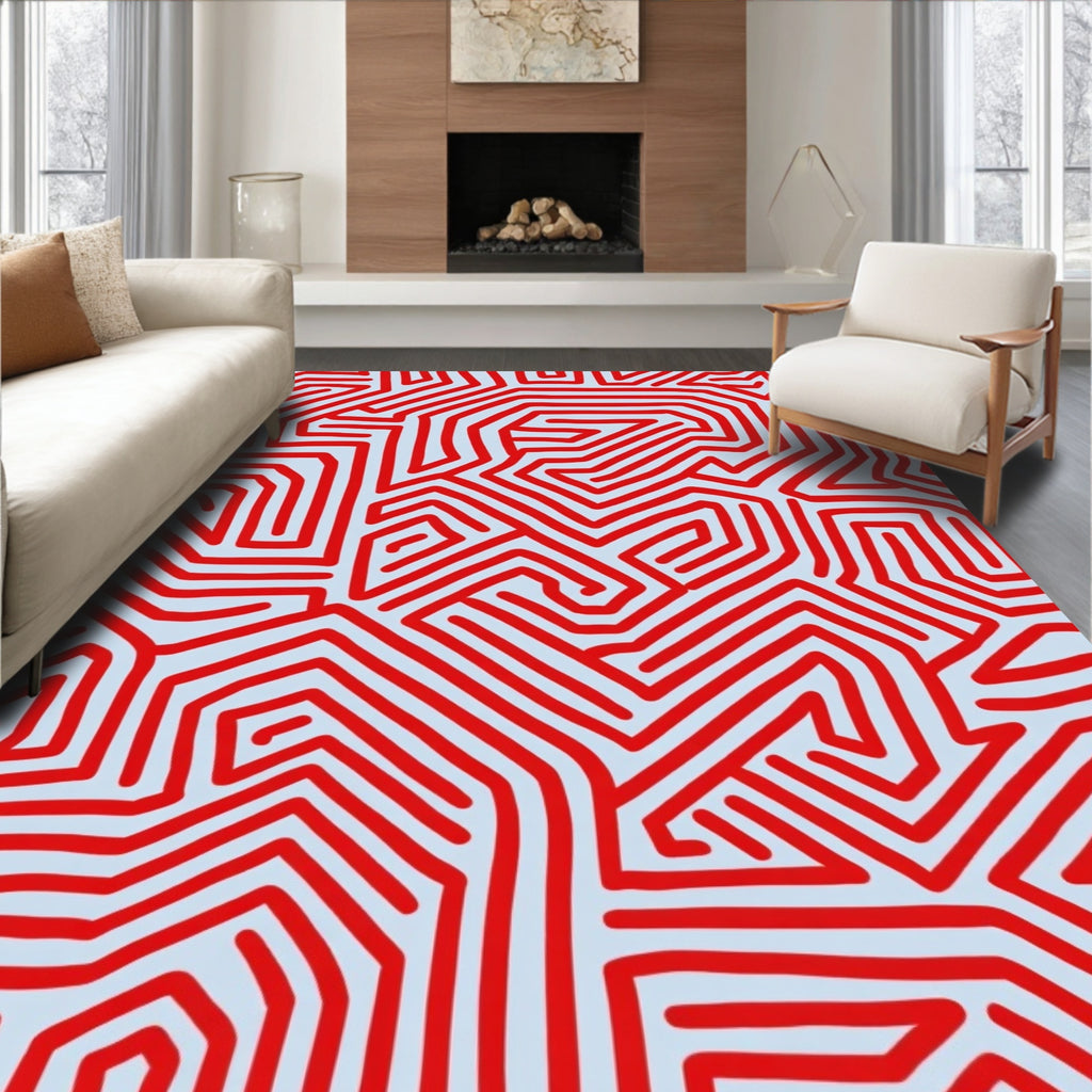 Bold Red Maze Geometric Design Rug