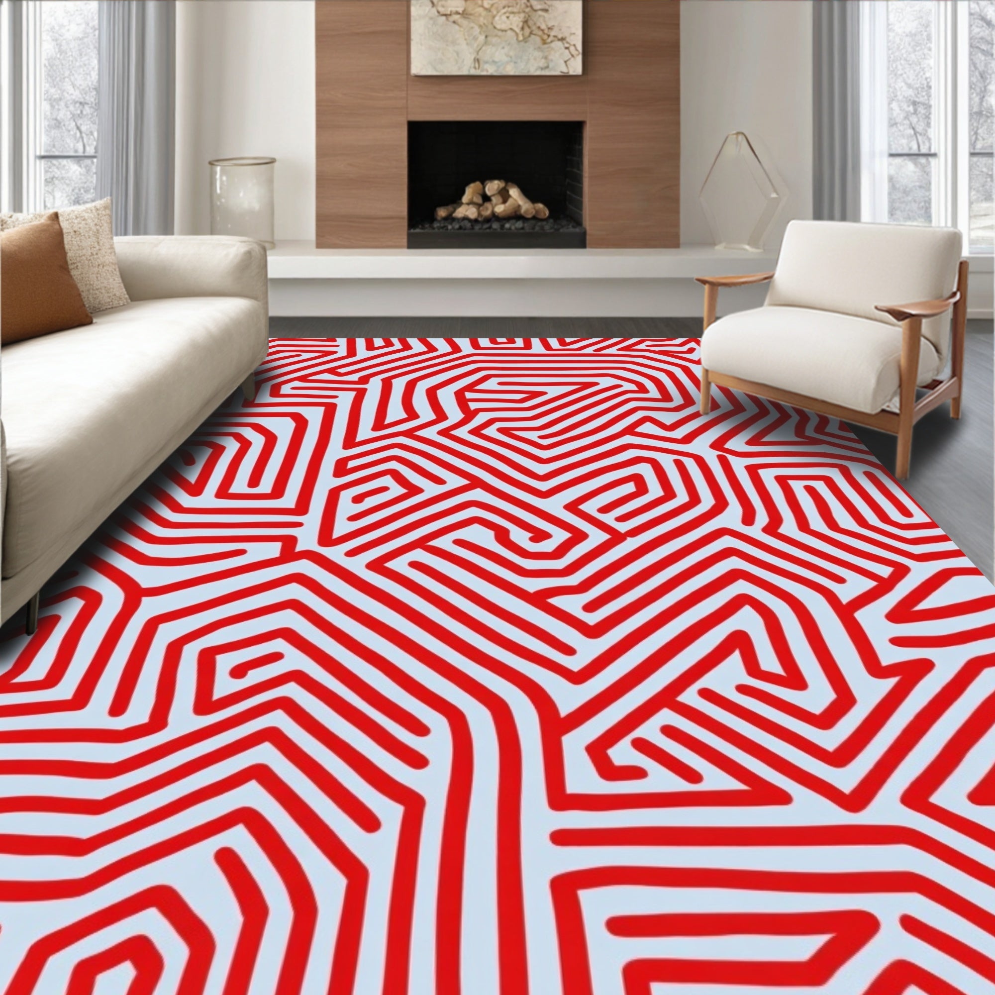 Bold Red Maze Geometric Design Rug