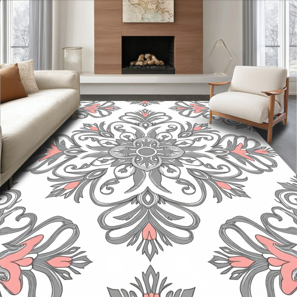 Ornate Gray and Coral Floral Medallion Rug