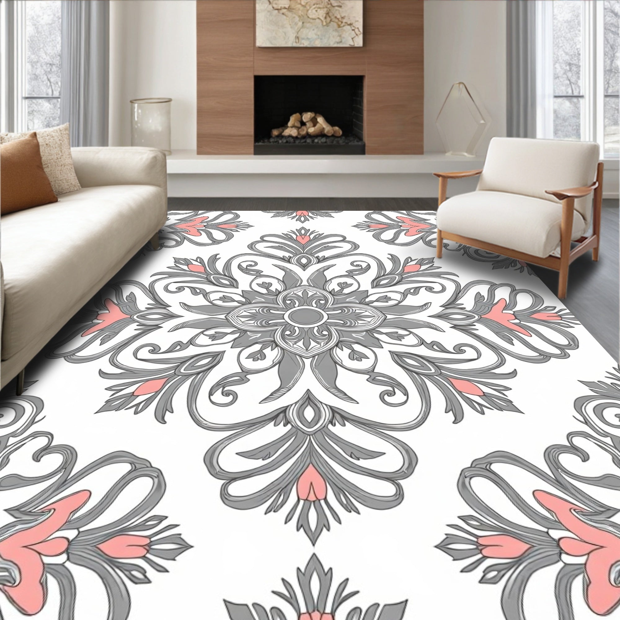 Ornate Gray and Coral Floral Medallion Rug