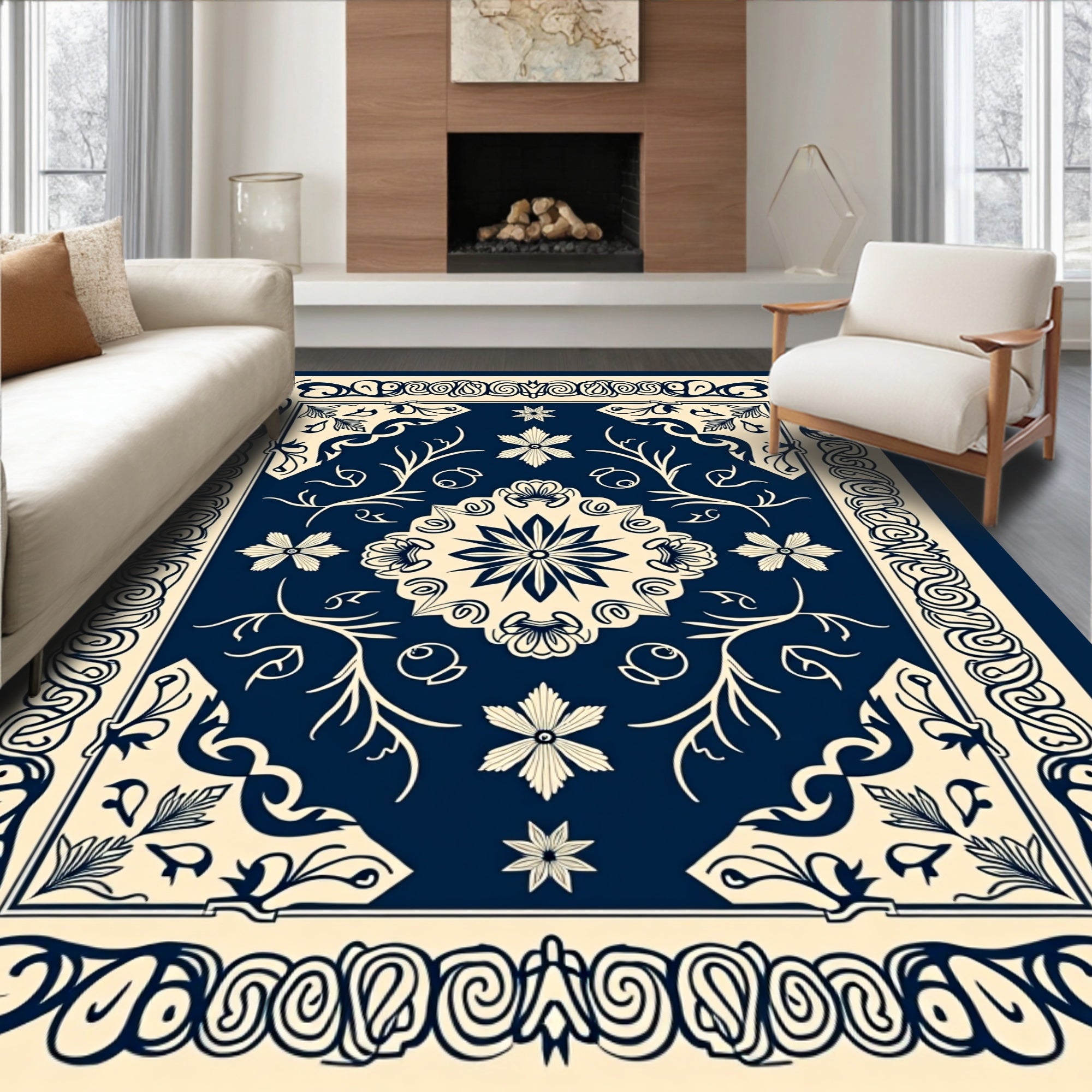 Navy Cream Floral Medallion Border Design Rug