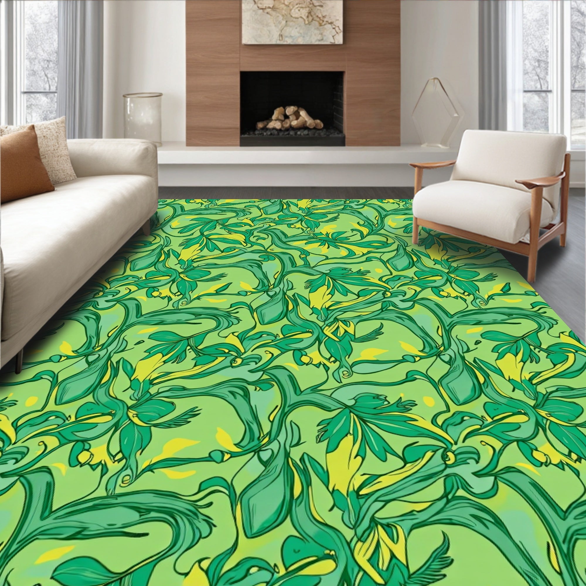 Emerald Swirl Floral Pattern Rug