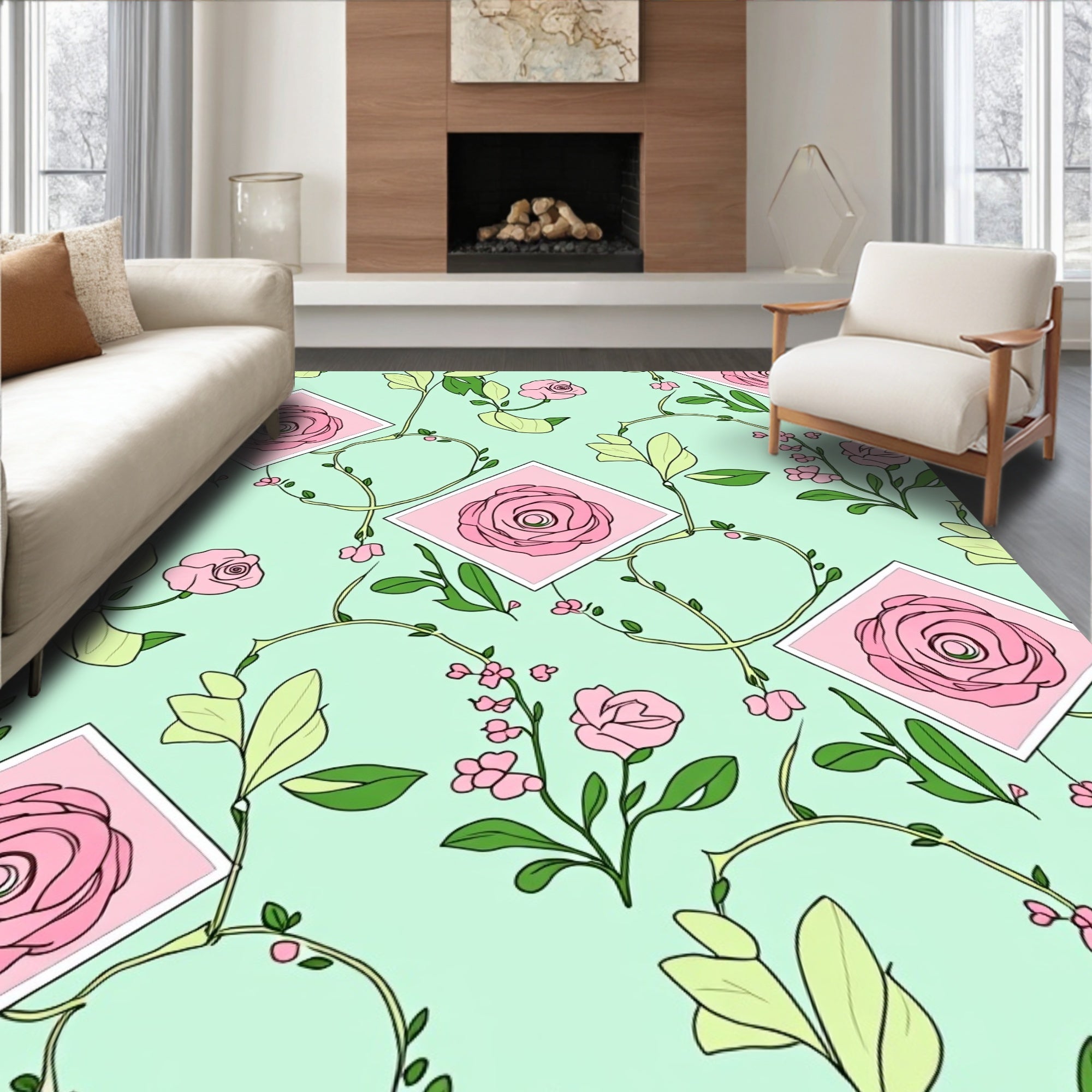 Pink Rose Vine Pattern Rug