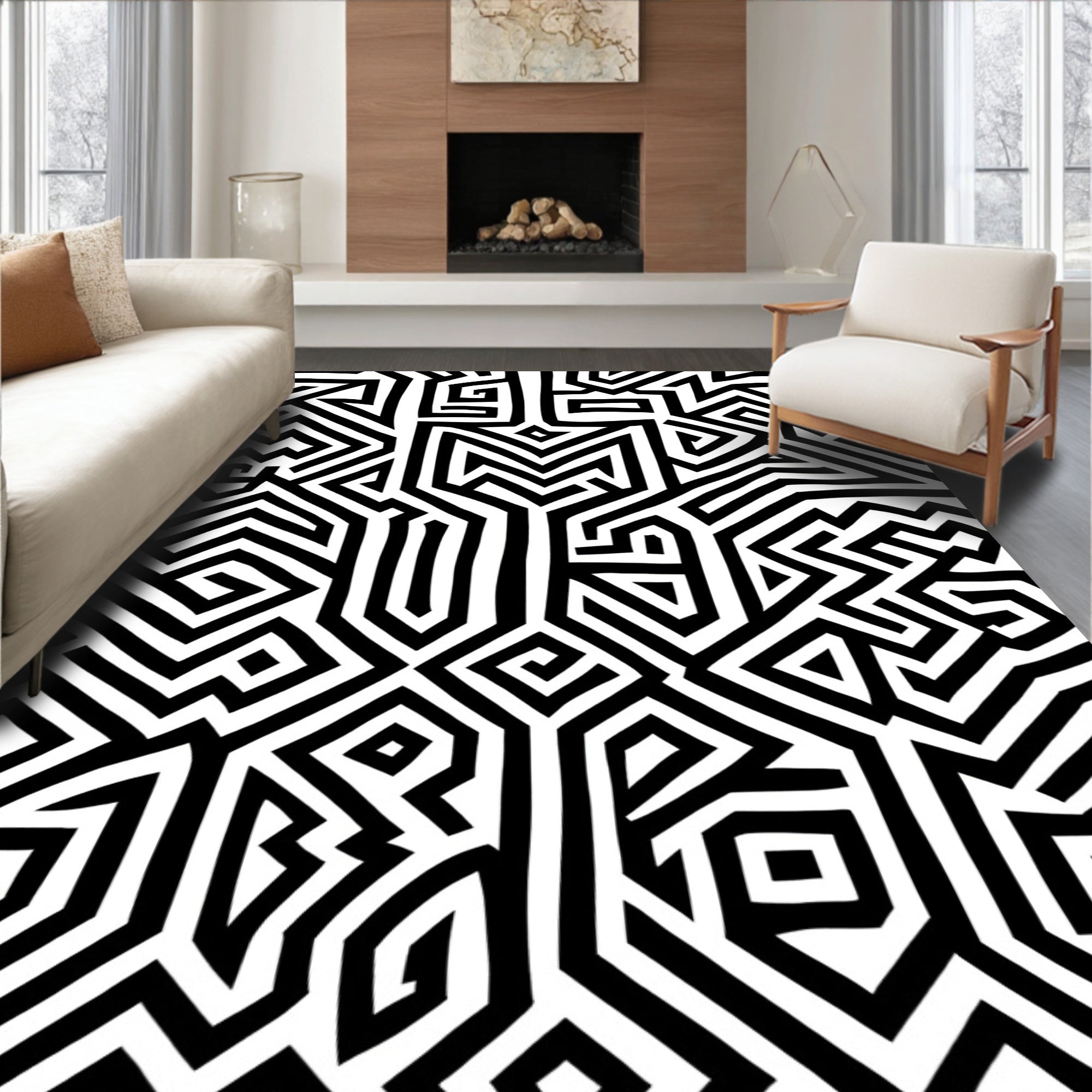 Bold Black White Geometric Maze Rug