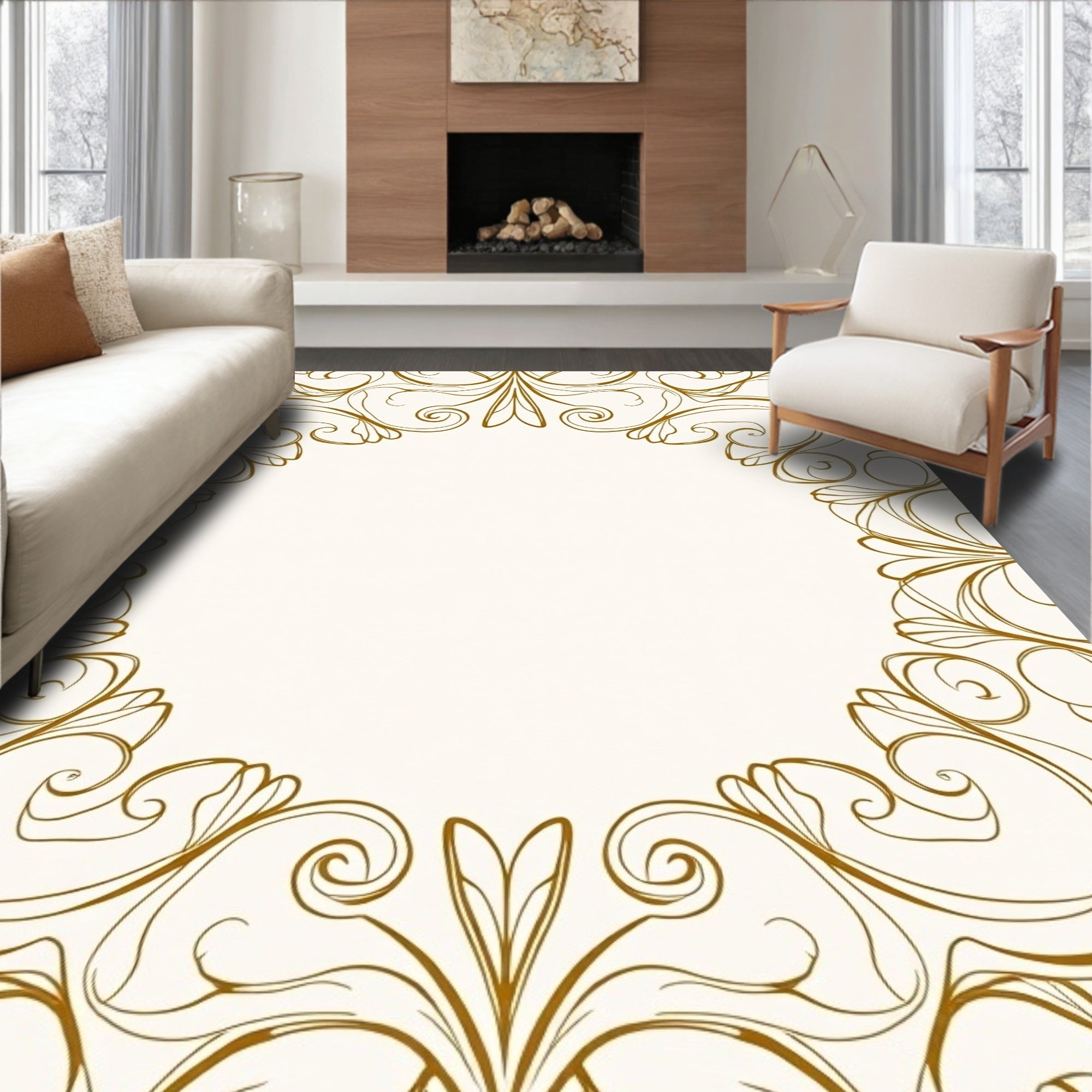 Elegant Gold Swirl Filigree Design Rug