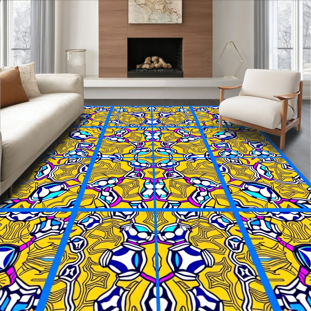 Vibrant Yellow Blue Kaleidoscopic Pattern Rug