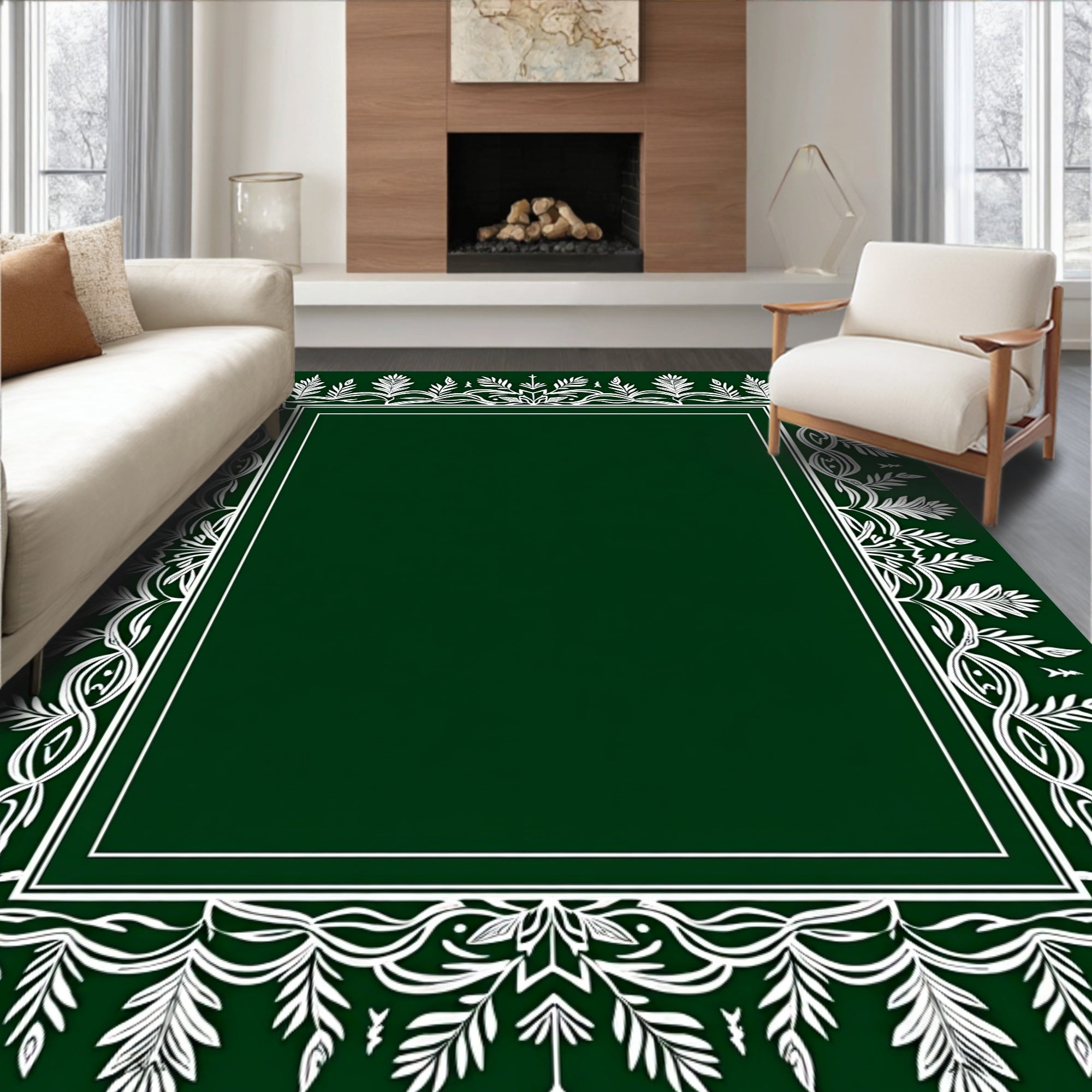 Emerald White Leaf Vine Border Rug