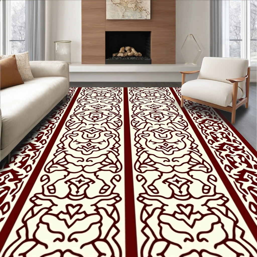Burgundy Cream Ornate Stripe Design Rug