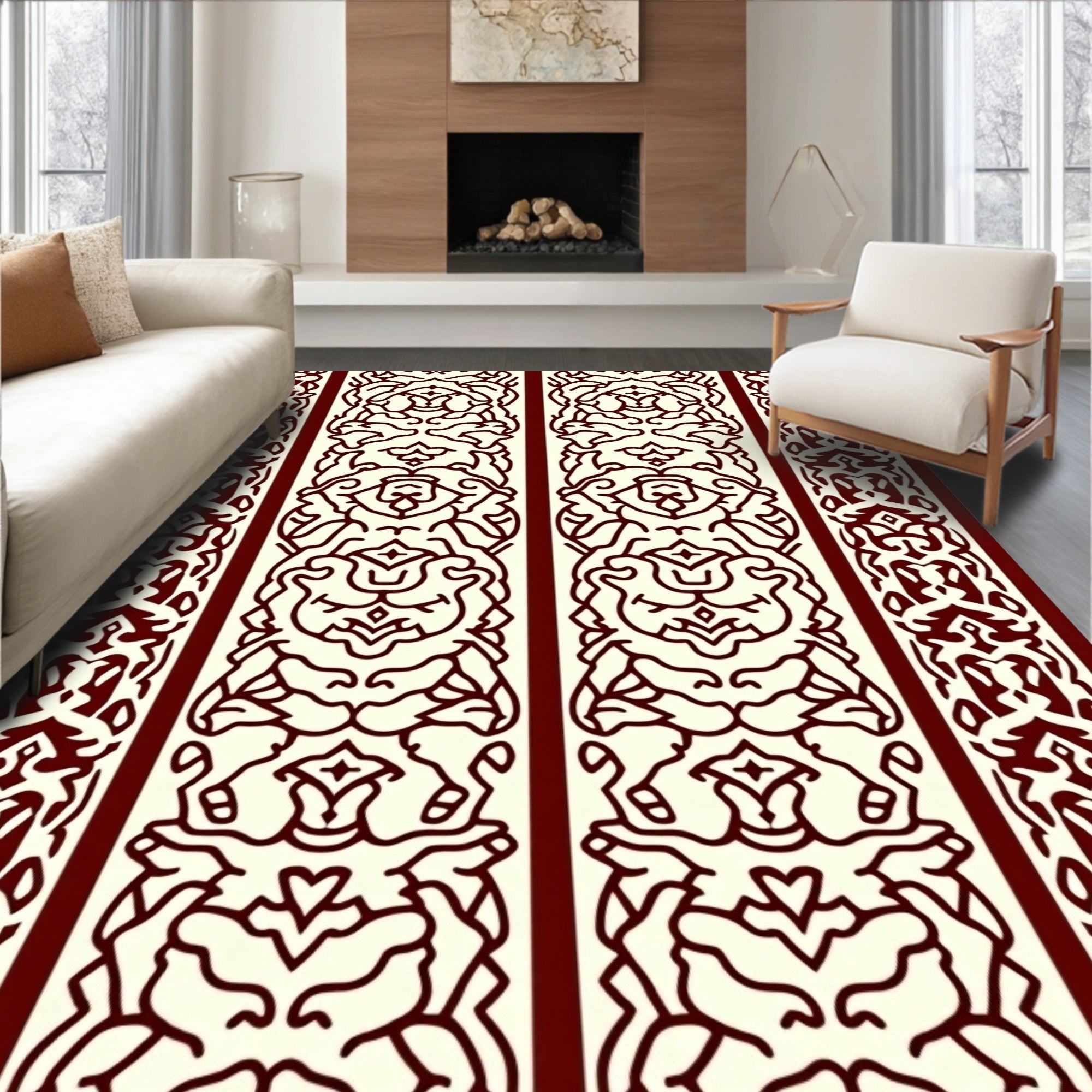 Burgundy Cream Ornate Stripe Design Rug