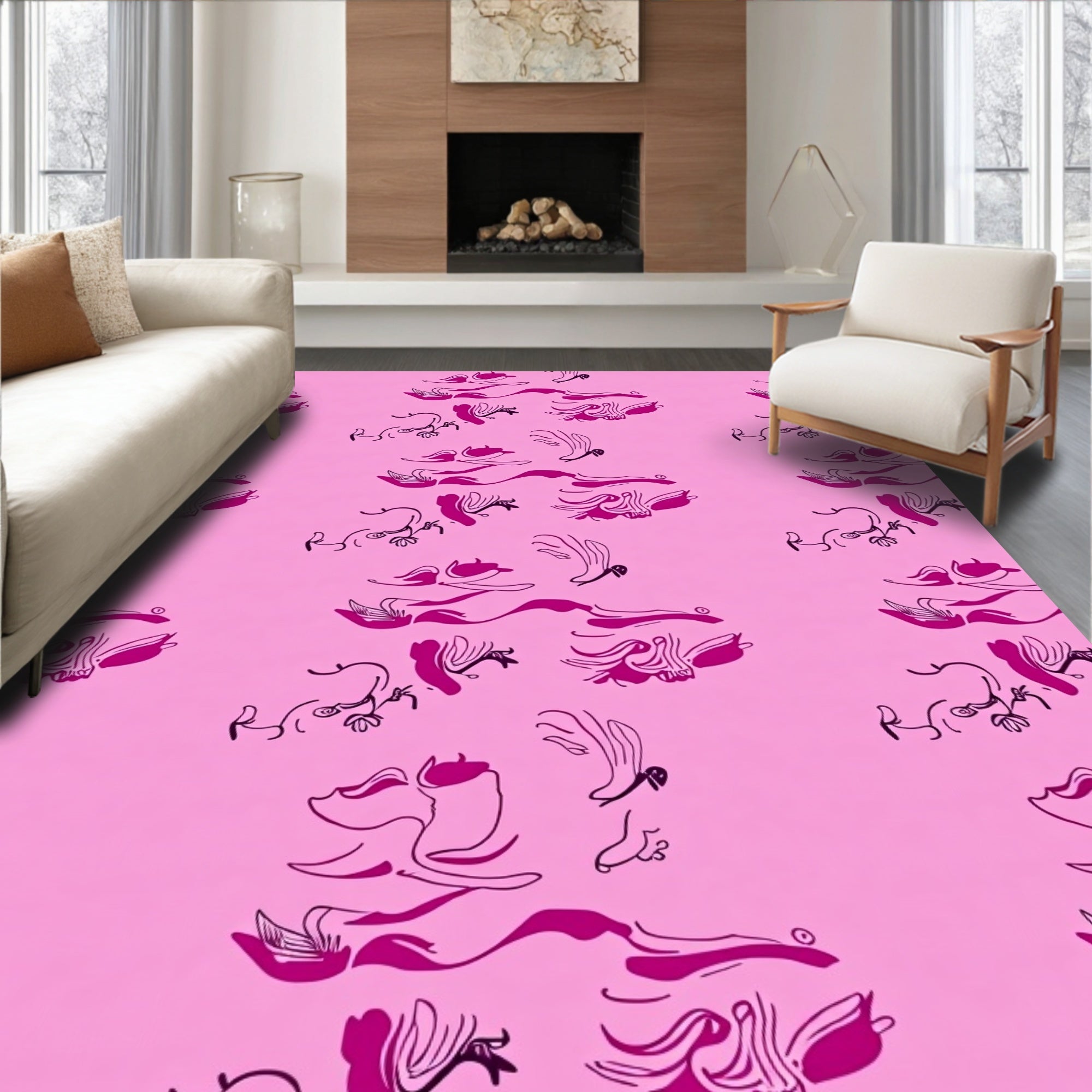 Abstract Whimsical Pink Line Art Design Rug