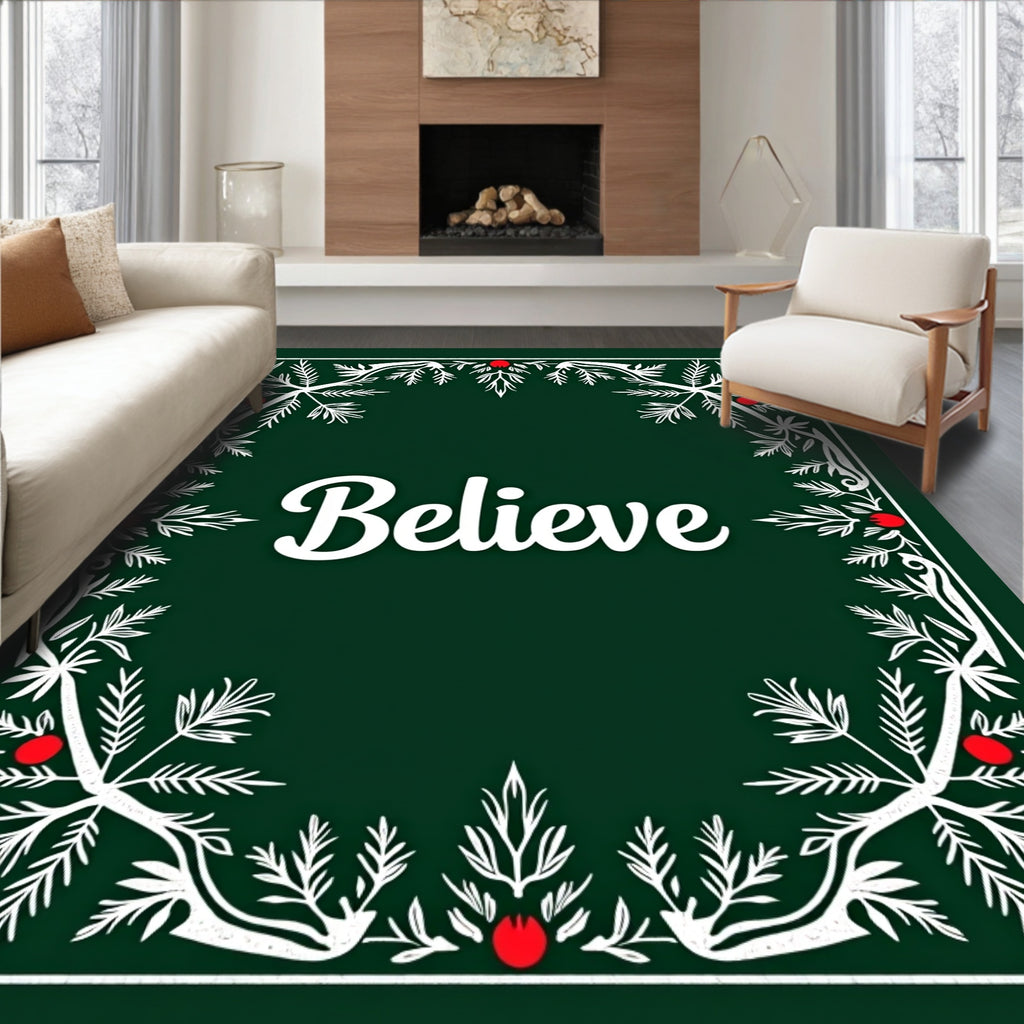 Green White Berry Pine Border Rug
