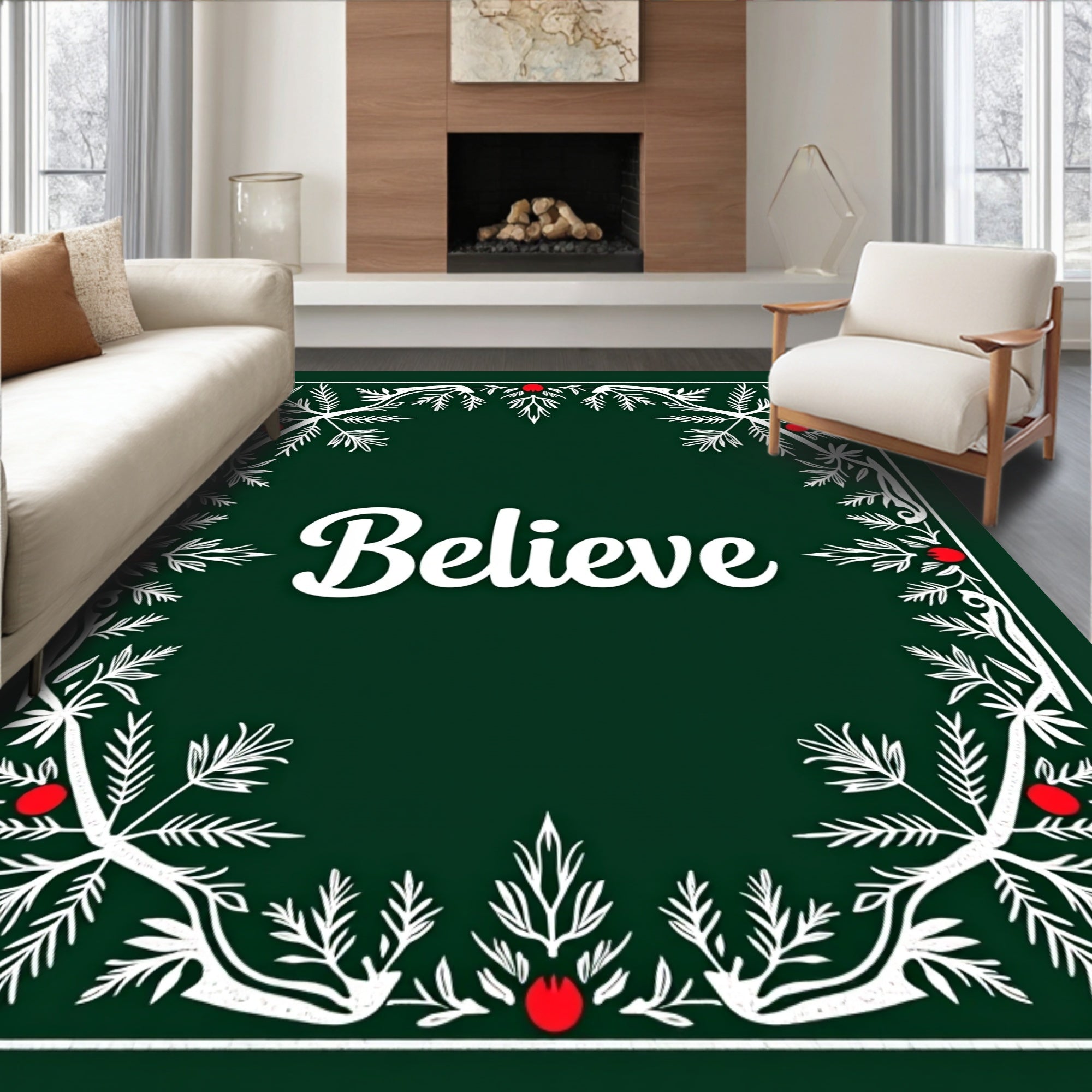 Green White Berry Pine Border Rug