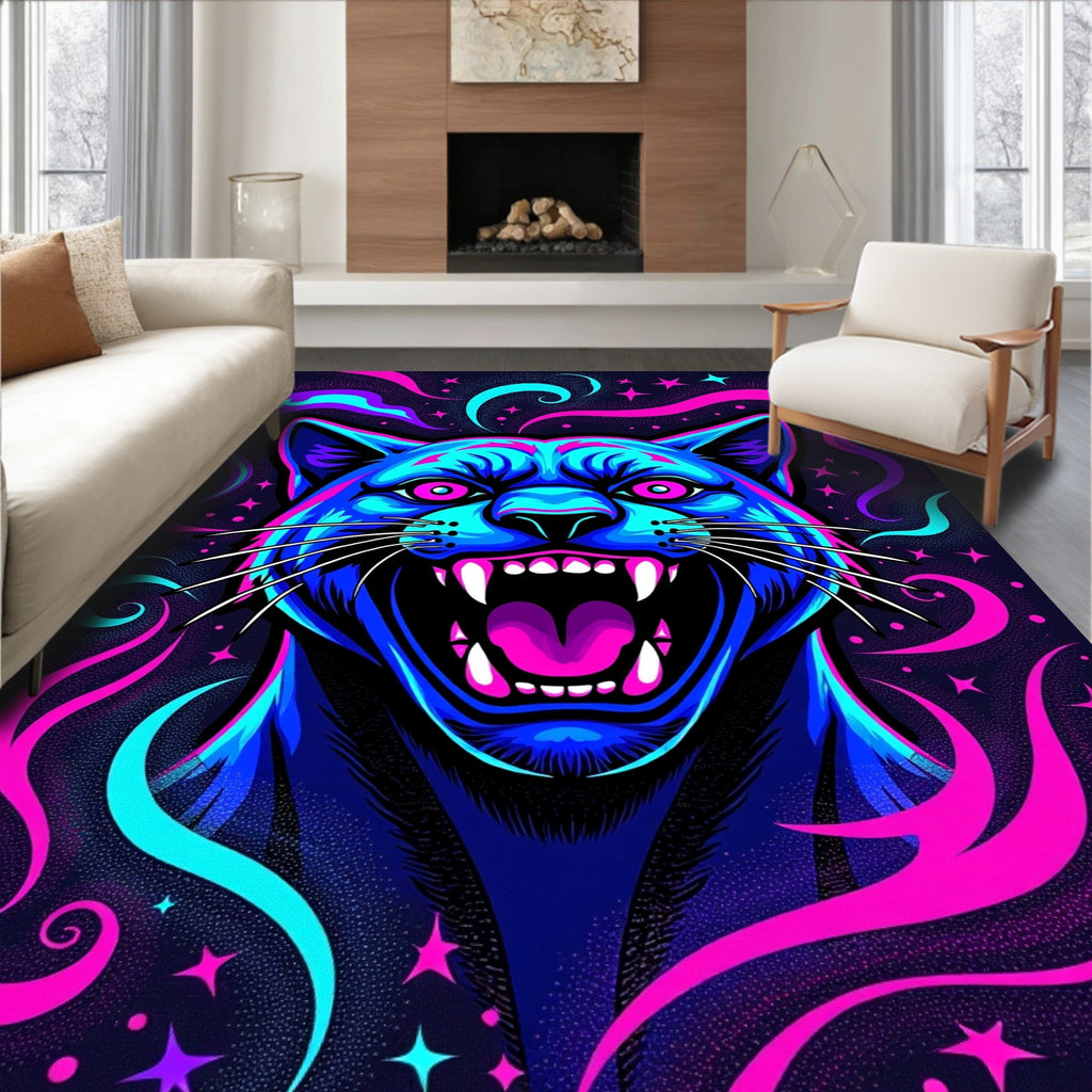 Vibrant Neon Panther Cosmic Swirl Design Rug