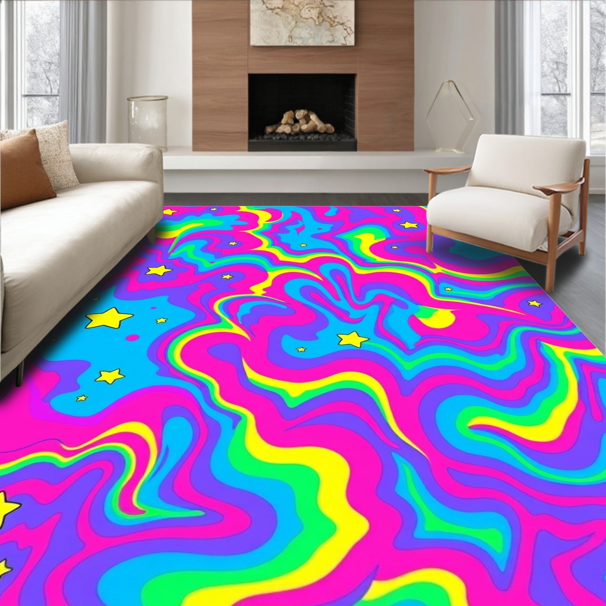 Vibrant Swirl Star Pattern Rug