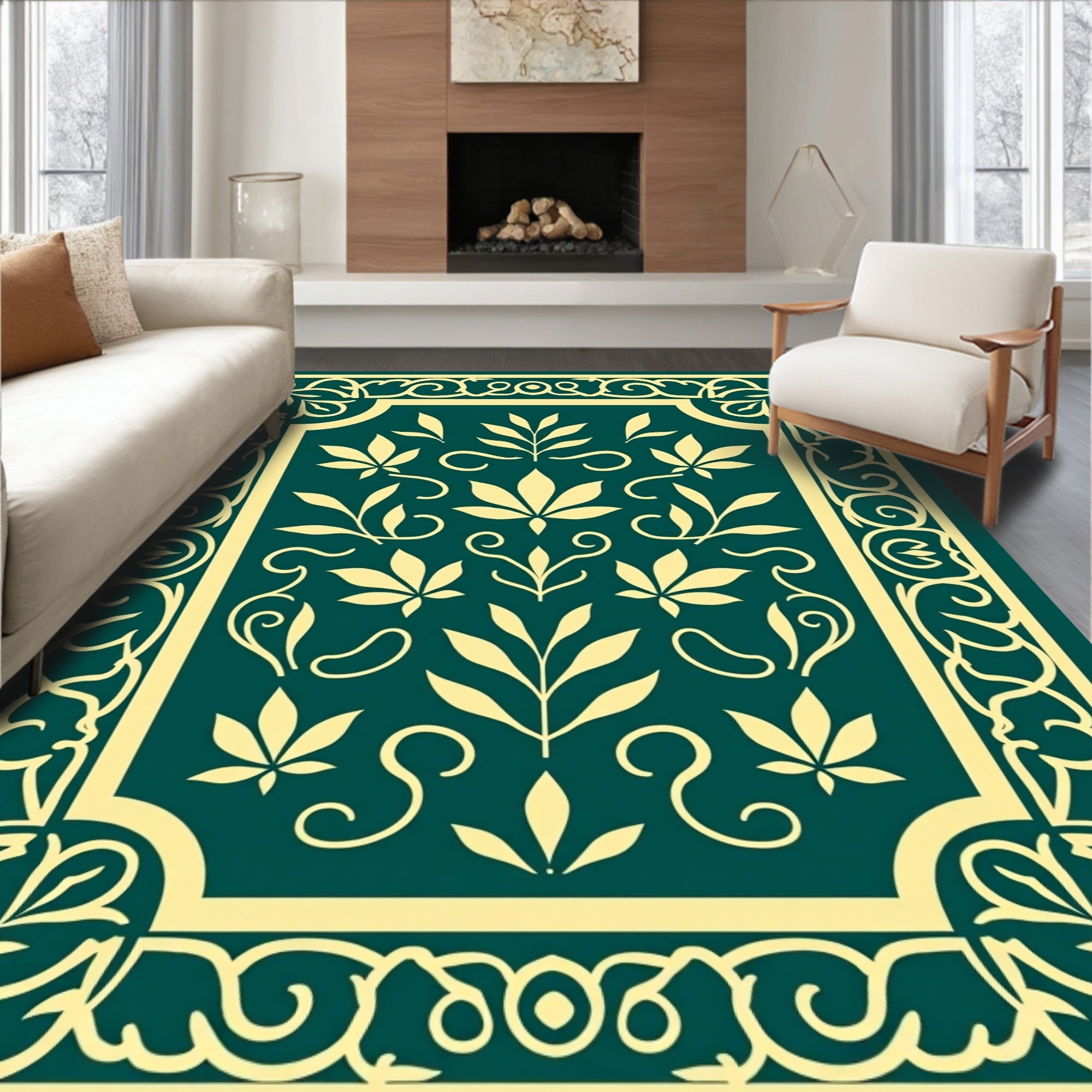 Elegant Teal Gold Floral Border Rug