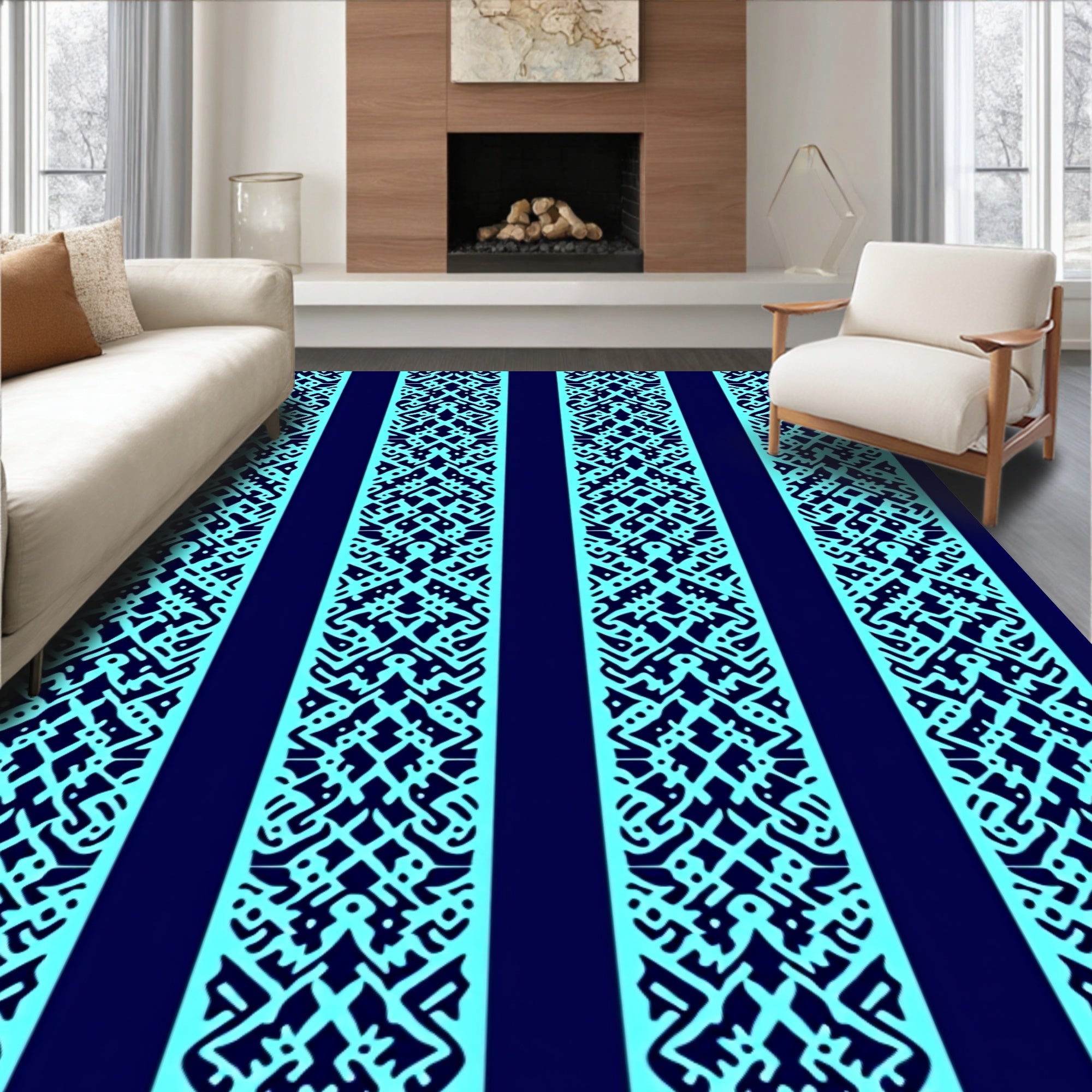 Blue Geometric Striped Pattern Rug