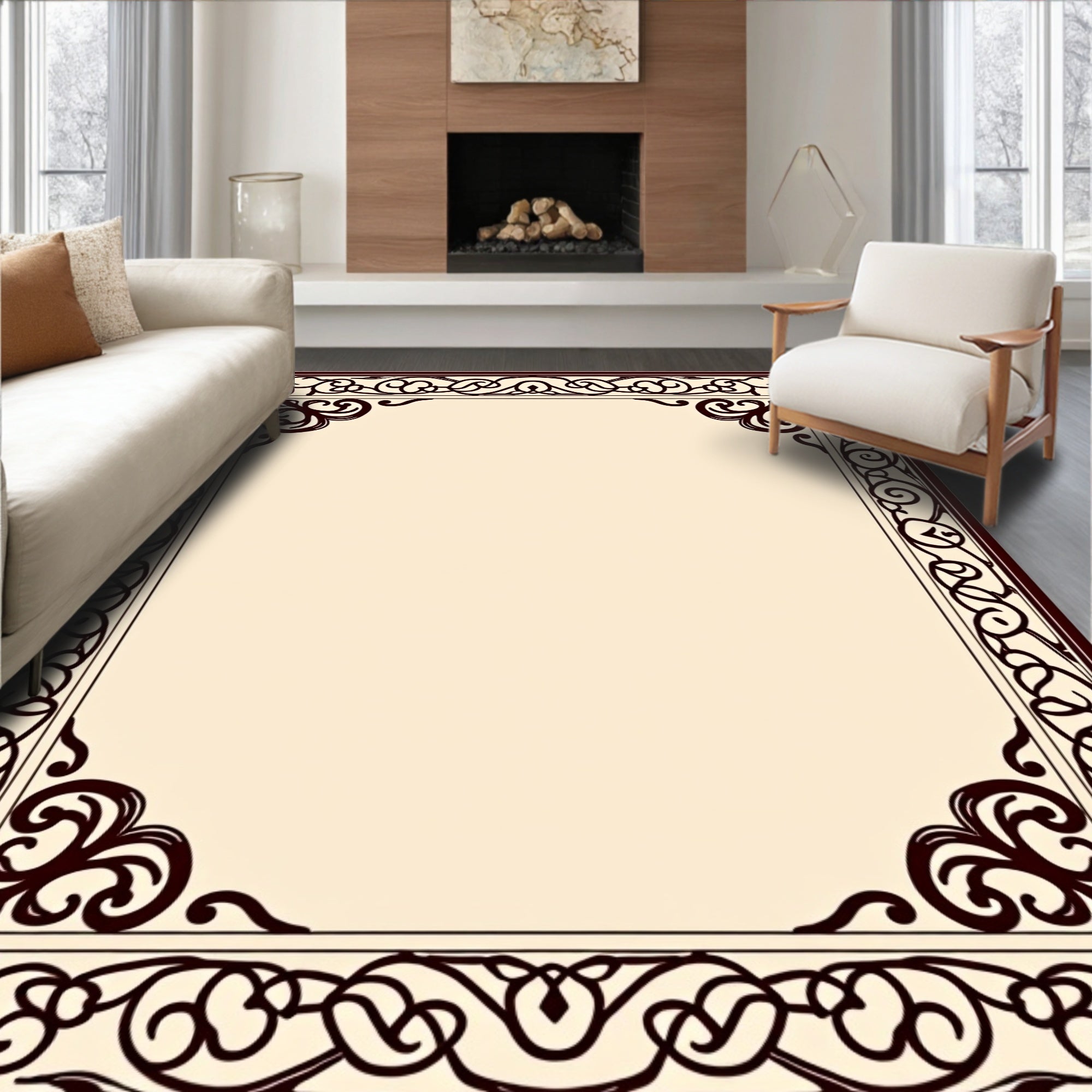 Elegant Black Scrollwork Decorative Frame Rug