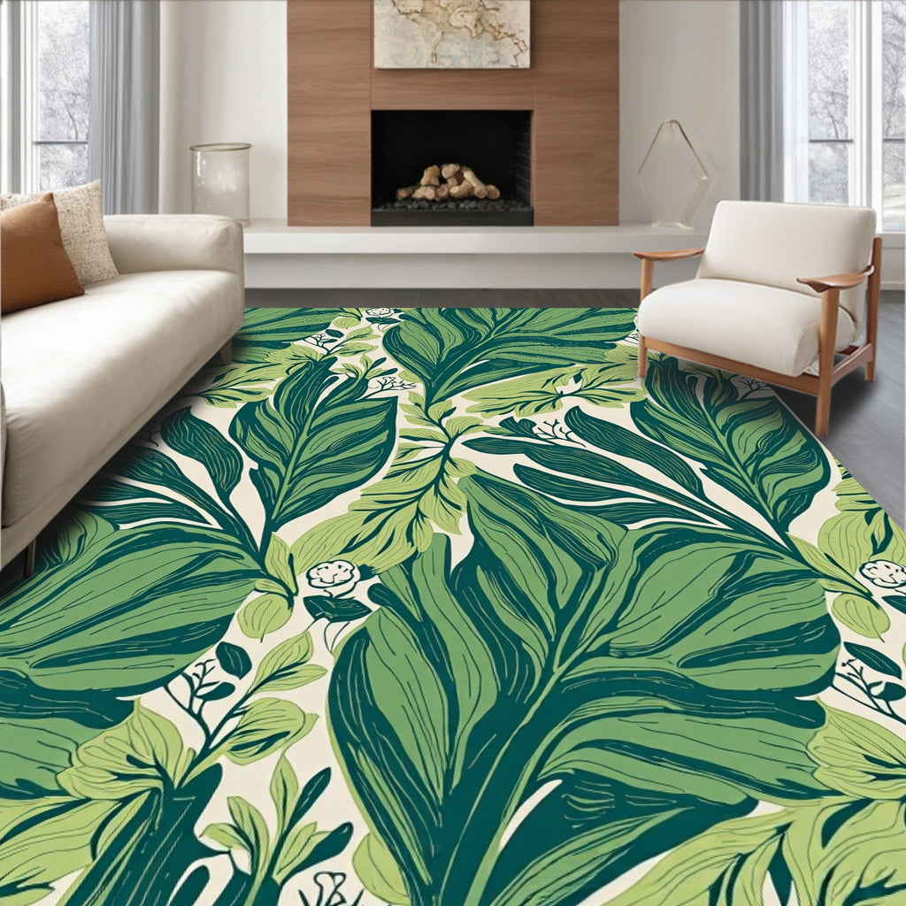 Lush Green Leafy Botanical Pattern Rug