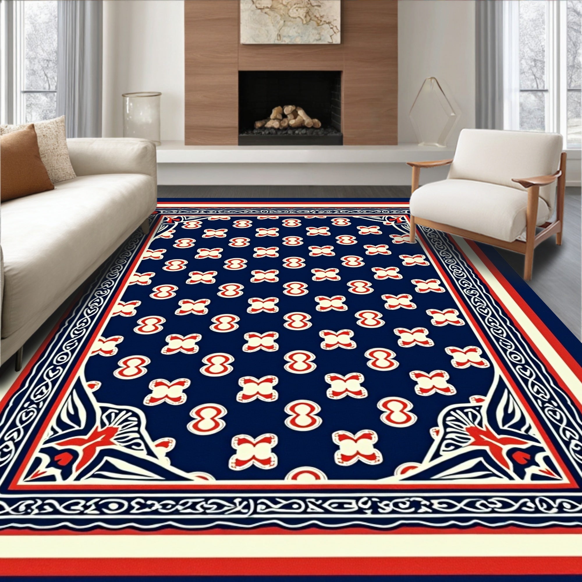 Classic Blue Red Cream Floral Pattern Rug