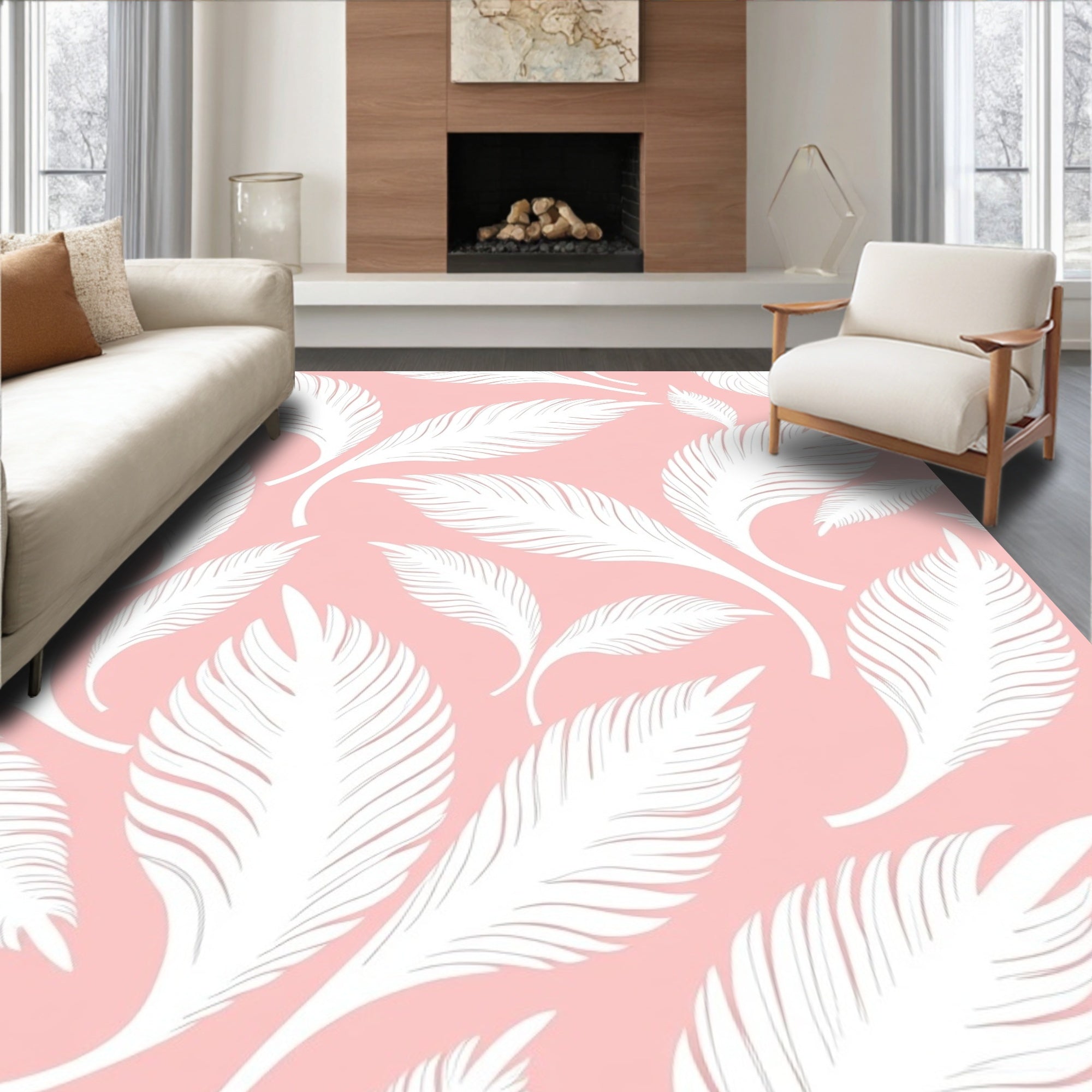 White Palm Leaf Patterned Pink Rug