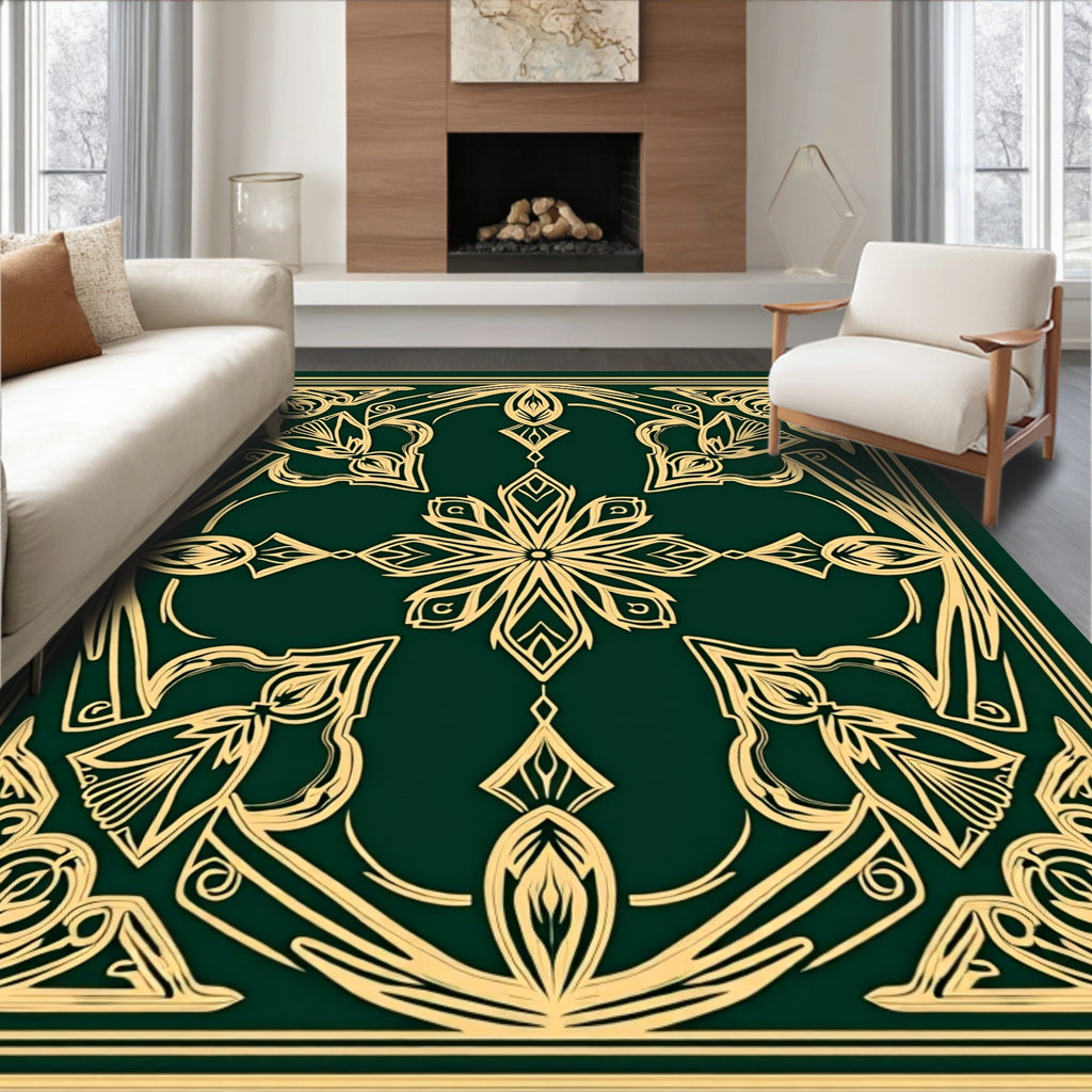 Golden Emerald Art Nouveau Floral Rug