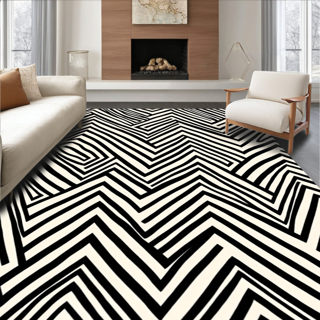 Black White Abstract Zigzag Pattern Rug