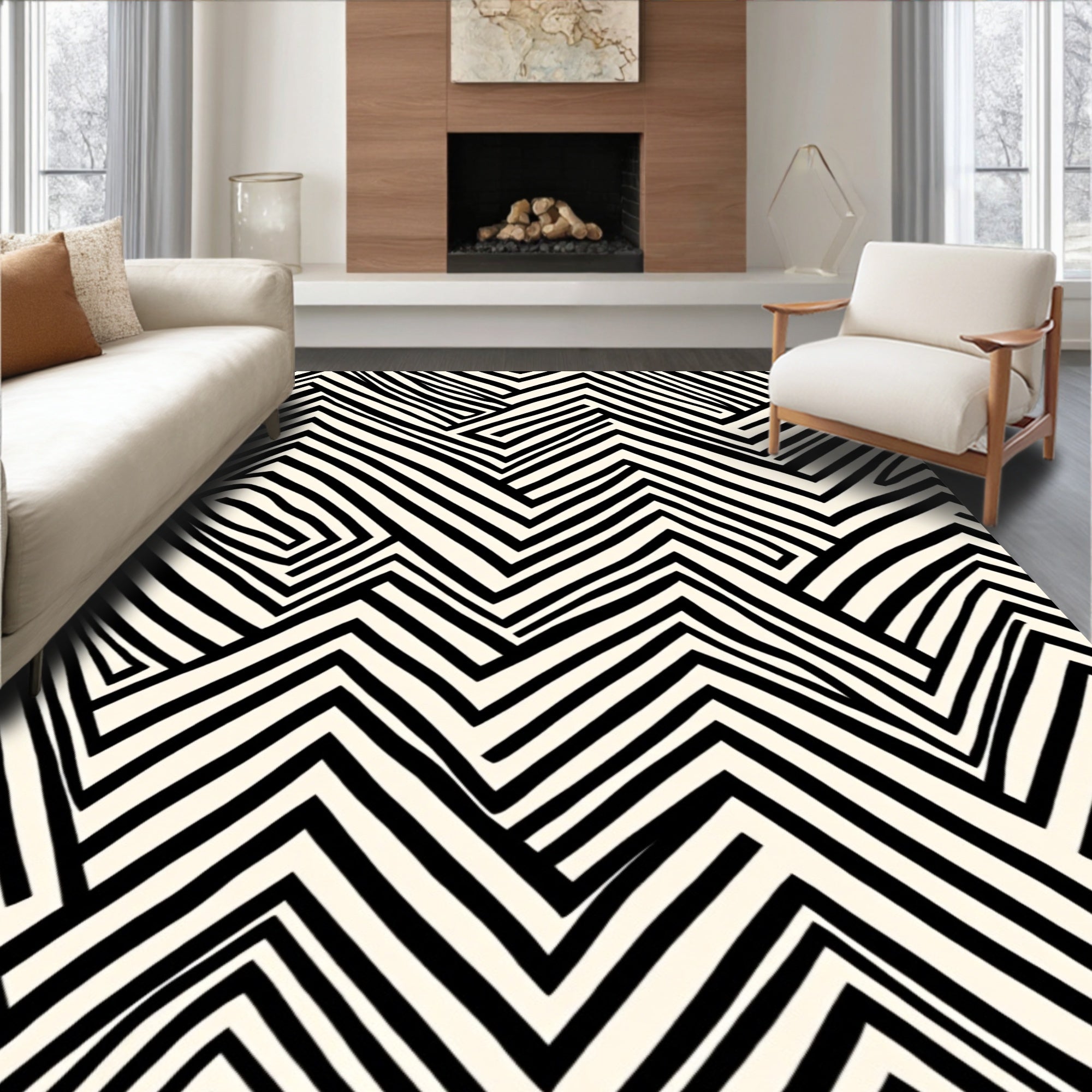Black White Abstract Zigzag Pattern Rug